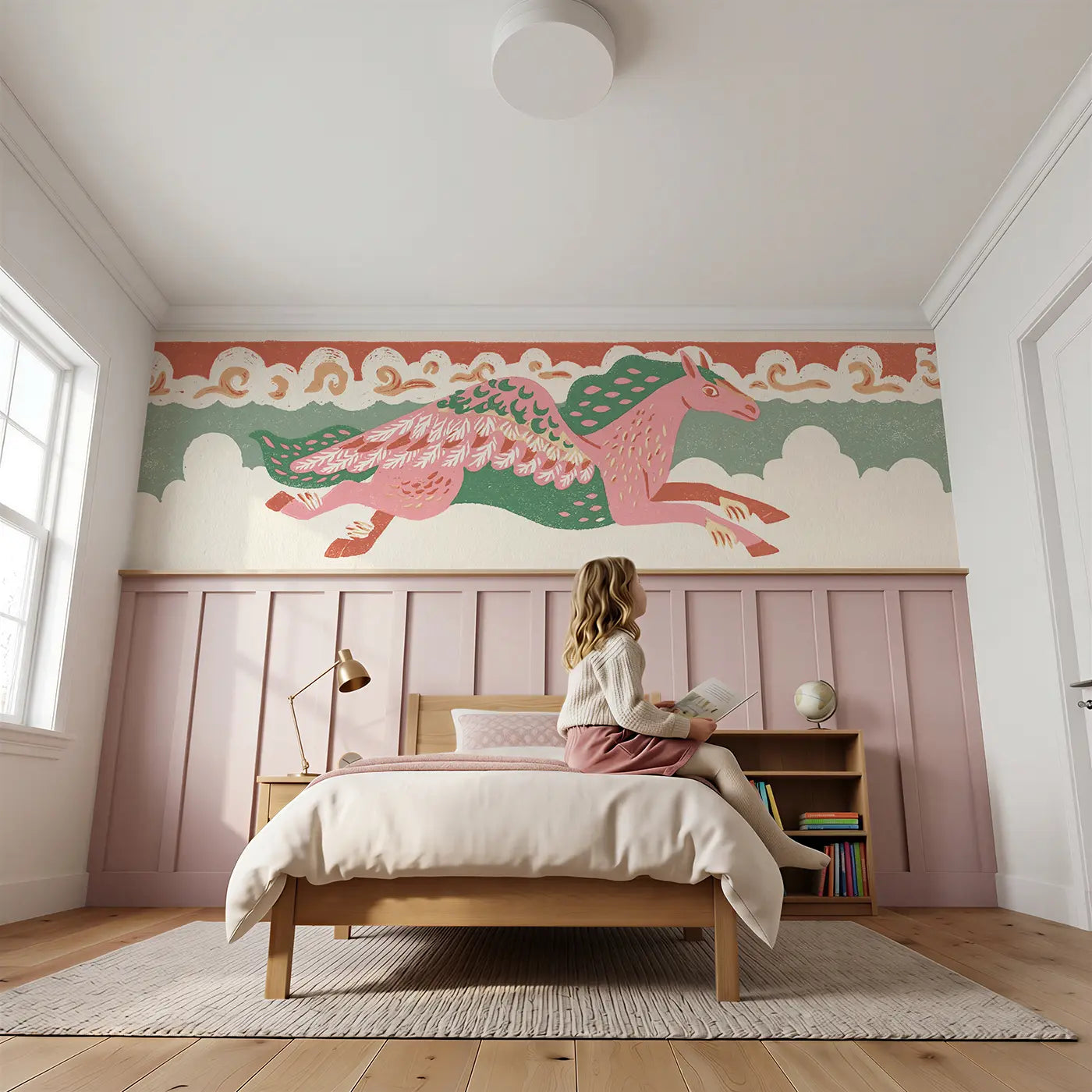 Child reading near Block Print Pegasus Cloud Band Wainscoting Wallpaper by Whimsy Tots