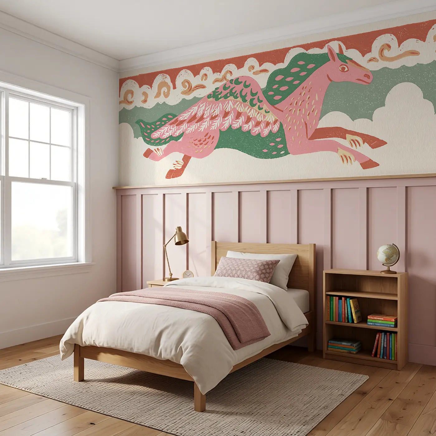 Block Print Pegasus Cloud Band Wainscoting Wallpaper styled in a kids bedroom by Whimsy Tots