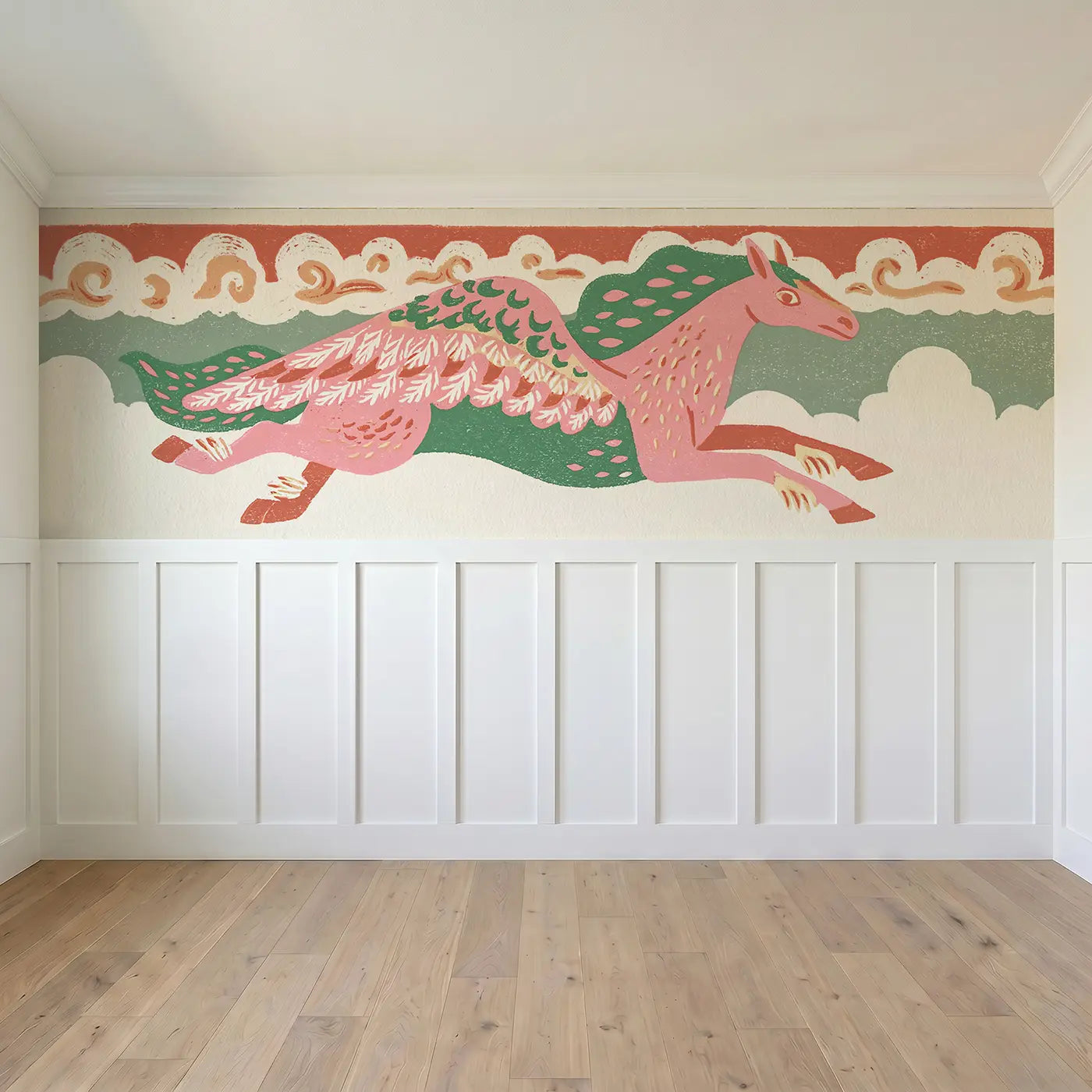 Full panel view of Block Print Pegasus Cloud Band Wainscoting Wallpaper by Whimsy Tots