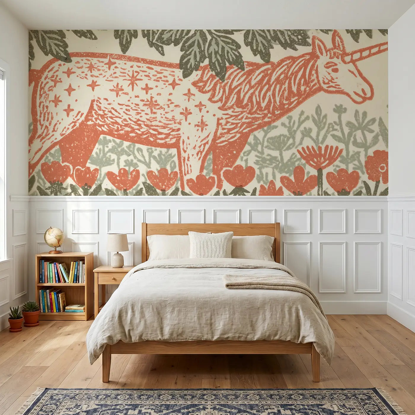 Block Print unicorn flower meadow wainscoting wallpaper for bedroom by Whimsy Tots