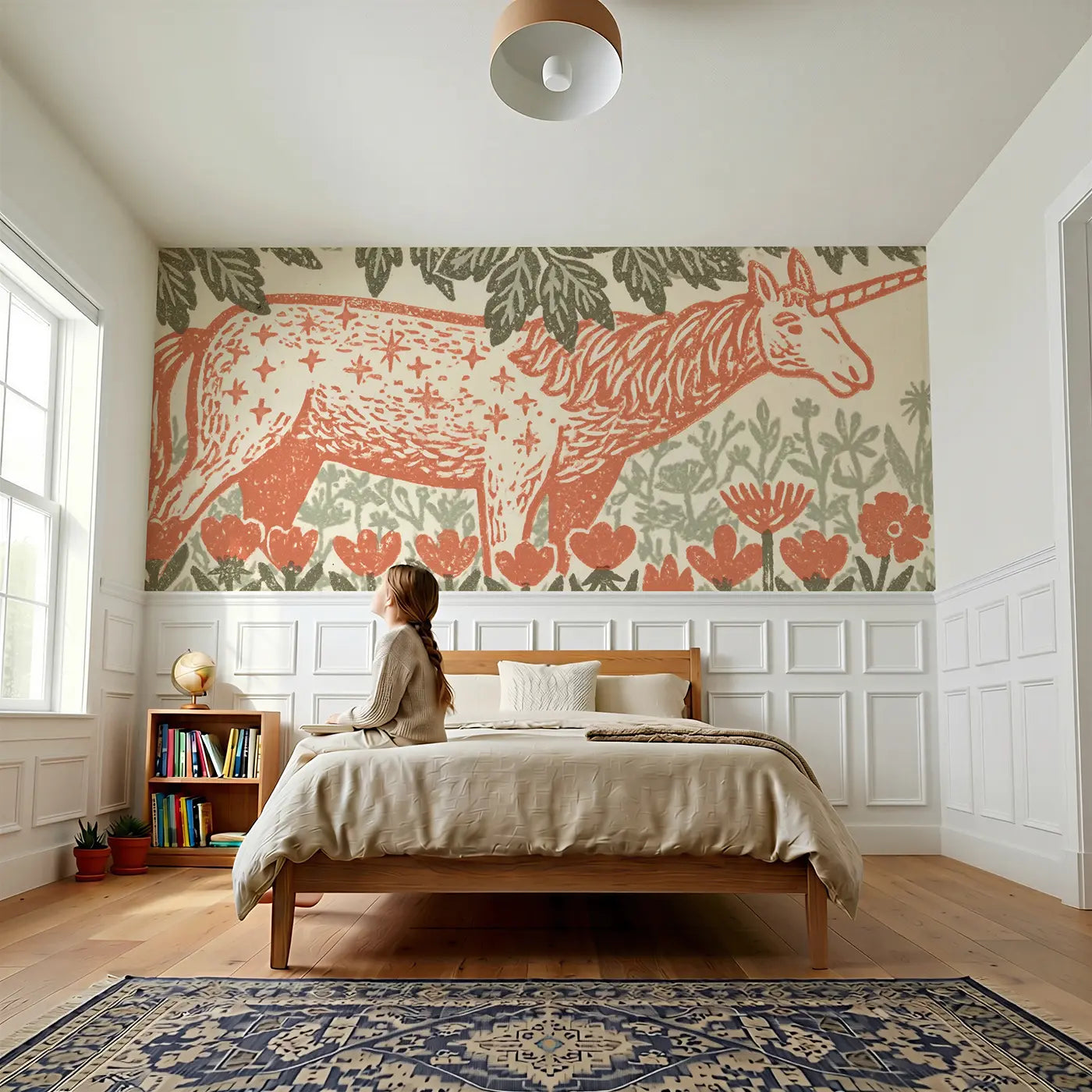 Child reading near Carved Unicorn Flower Meadow Wainscoting Wallpaper by Whimsy Tots