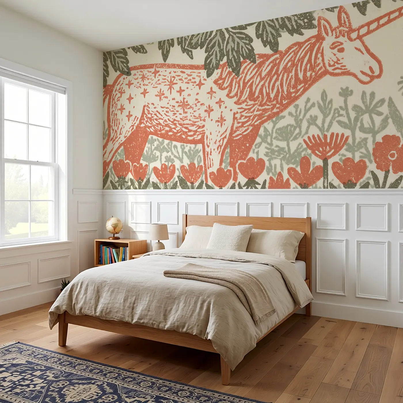 Carved Unicorn Flower Meadow Wainscoting Wallpaper styled in a kids bedroom by Whimsy Tots
