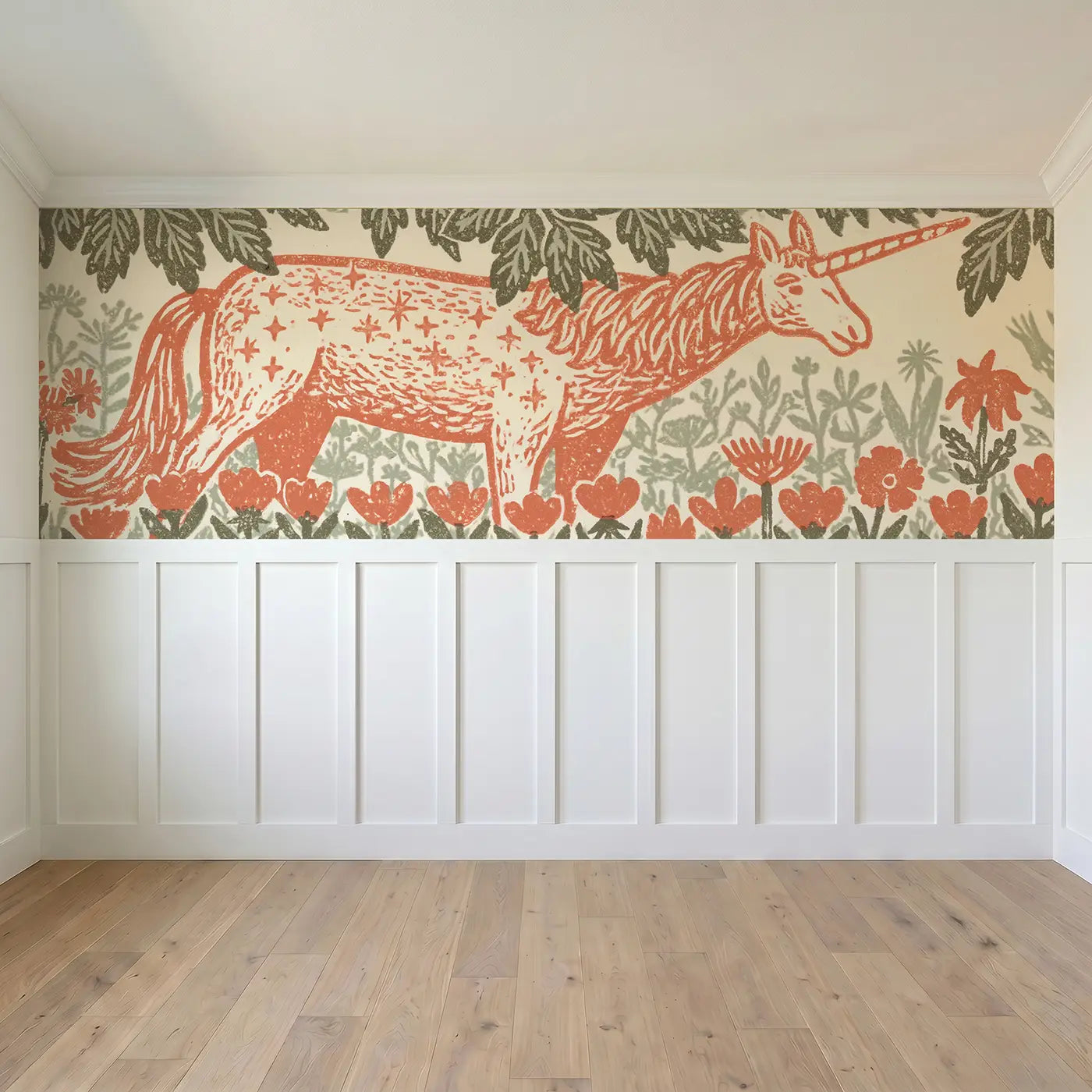 Full panel view of Carved Unicorn Flower Meadow Wainscoting Wallpaper by Whimsy Tots
