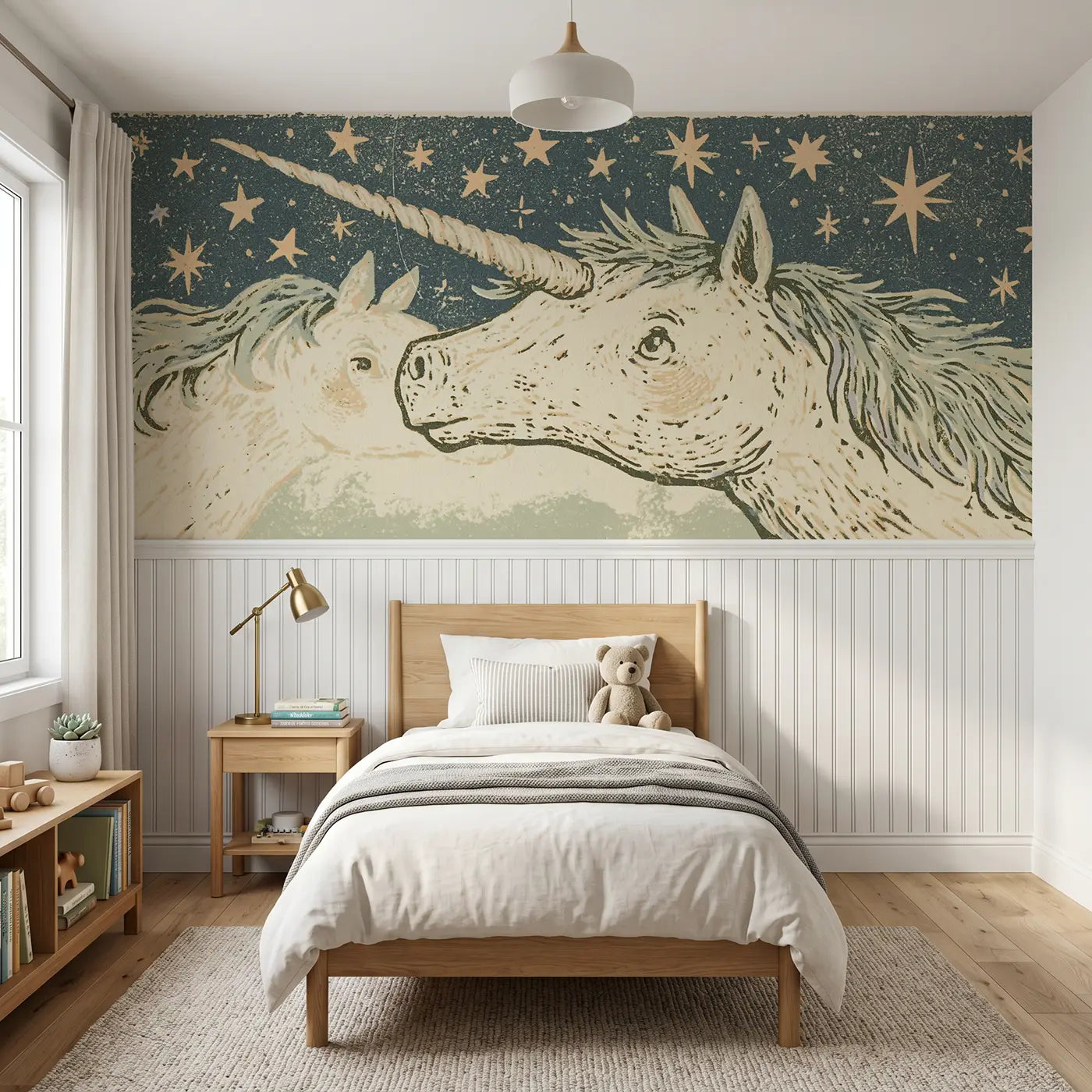Block Print unicorn star night wainscoting wallpaper for bedroom by Whimsy Tots