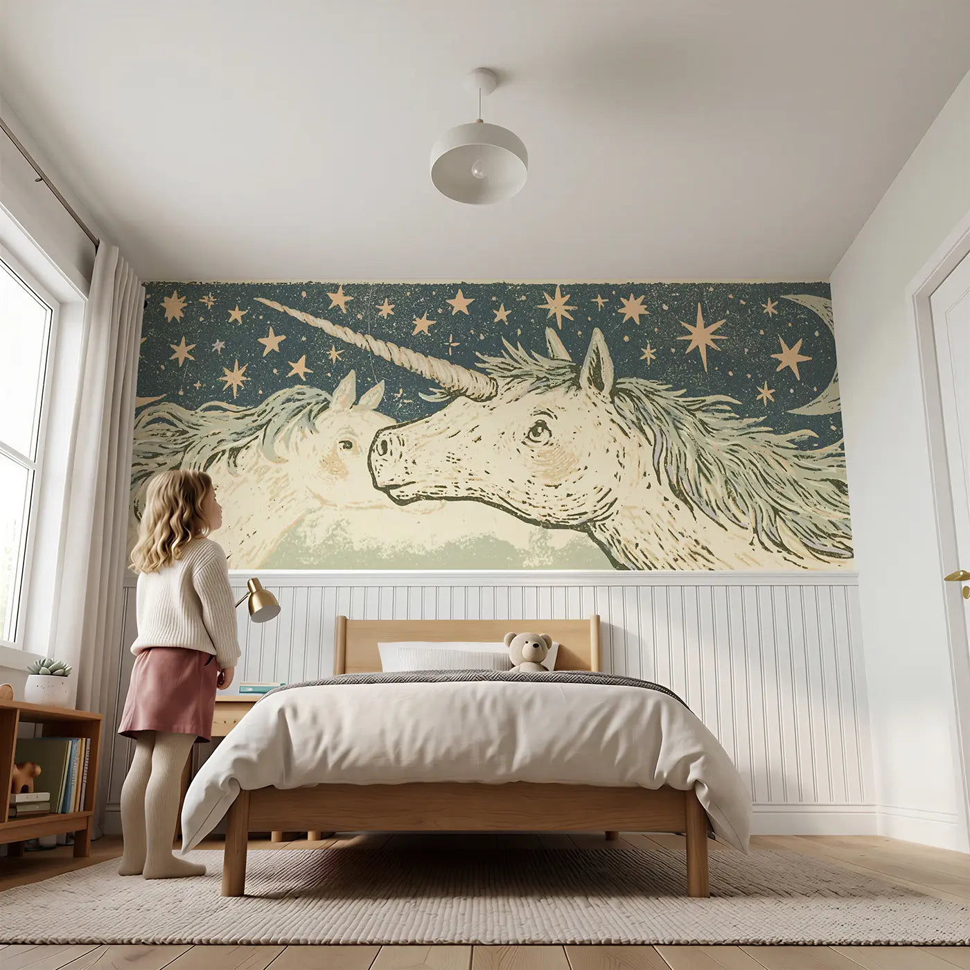 Child reading near Linocut Unicorn Star Night Wainscoting Wallpaper by Whimsy Tots
