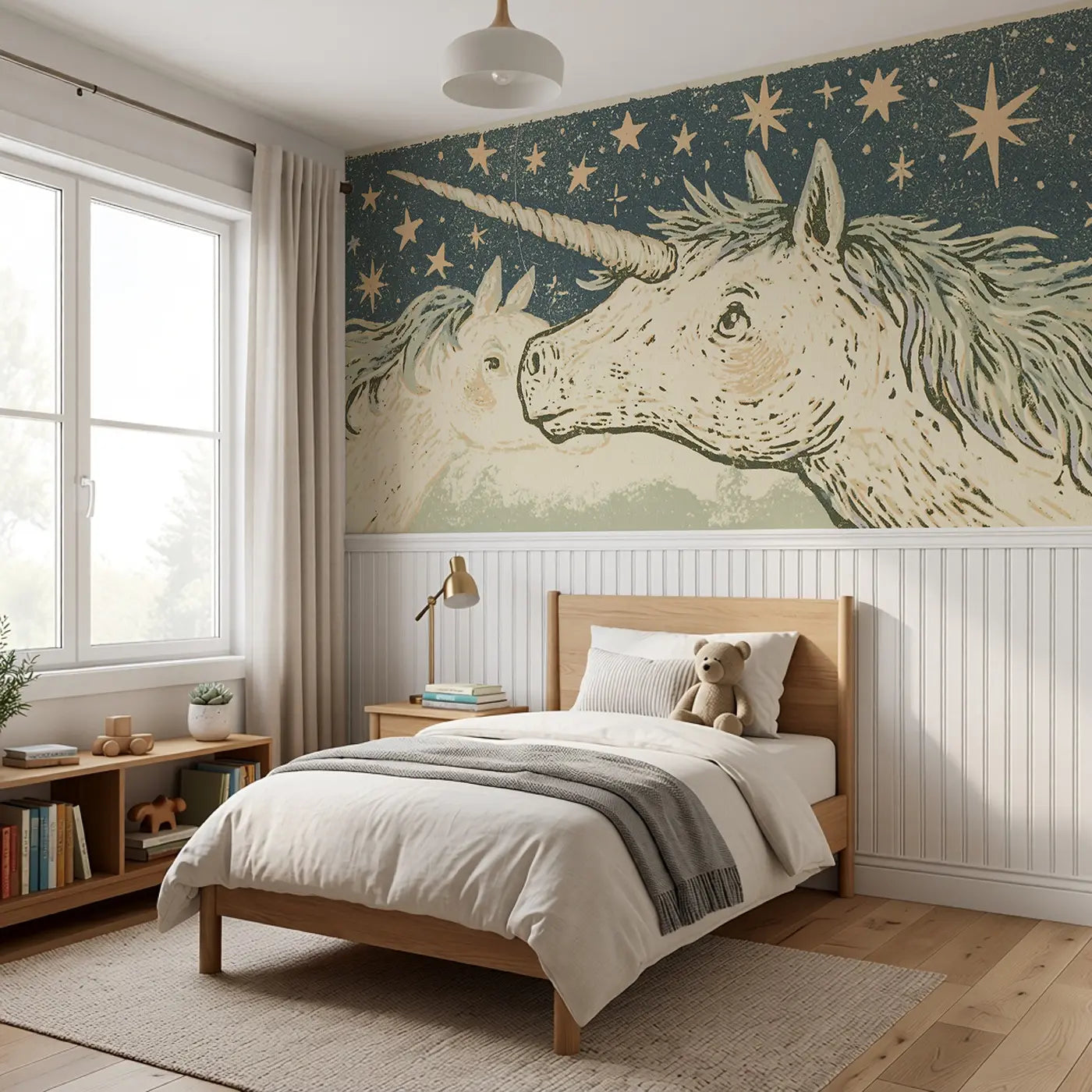 Linocut Unicorn Star Night Wainscoting Wallpaper styled in a kids bedroom by Whimsy Tots