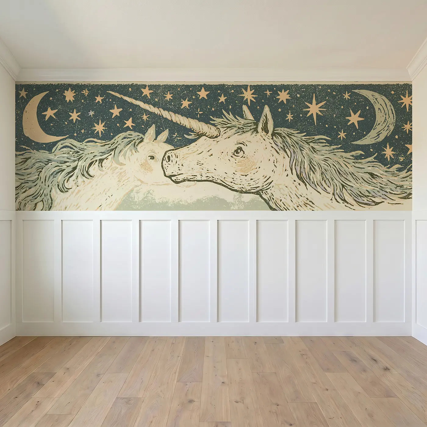 Full panel view of Linocut Unicorn Star Night Wainscoting Wallpaper by Whimsy Tots