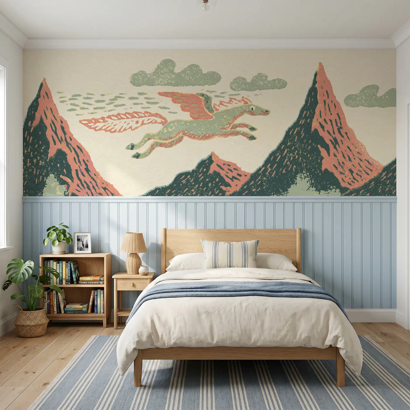 Block Print pegasus mountain leap wainscoting wallpaper for bedroom by Whimsy Tots