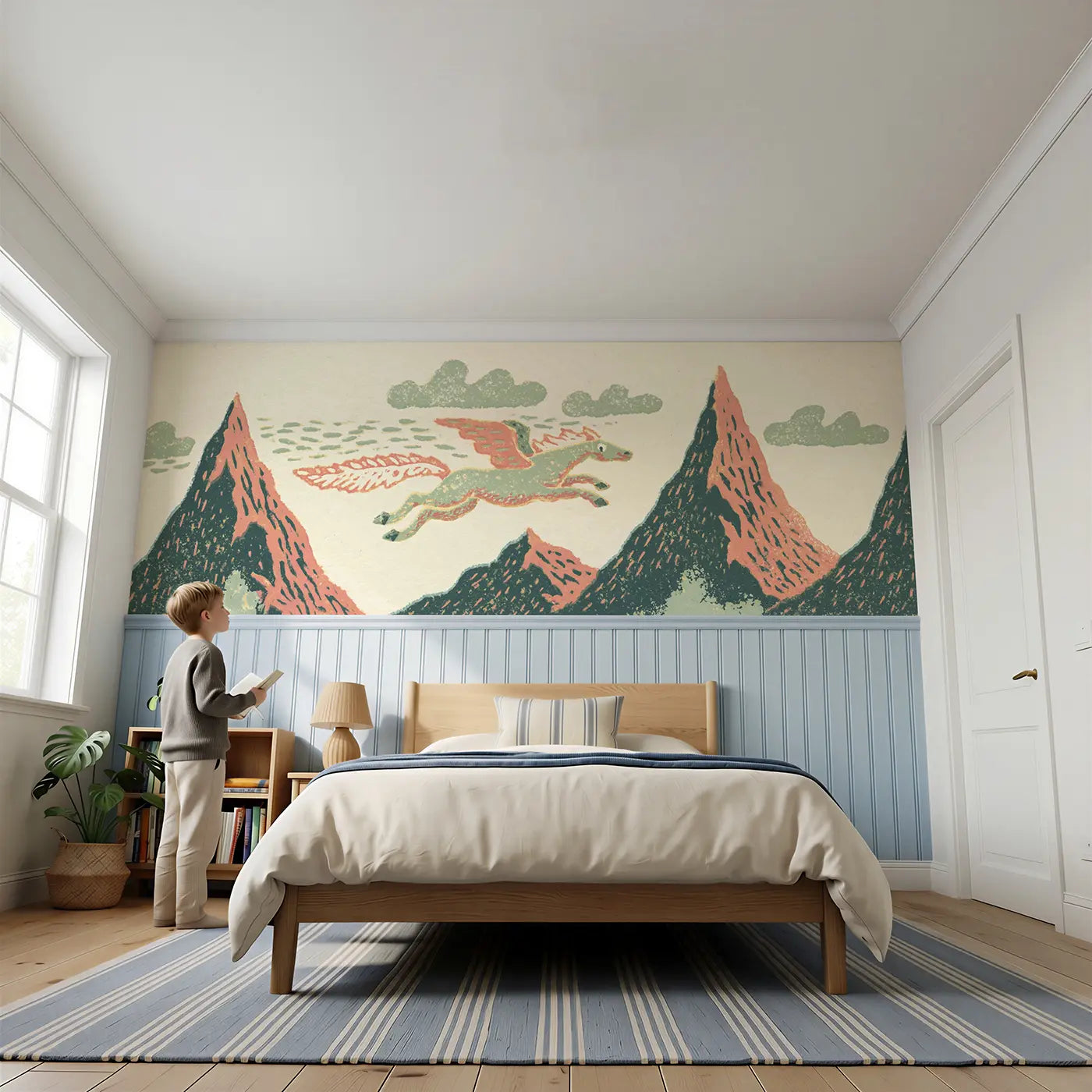 Child reading near Carved Pegasus Mountain Leap Wainscoting Wallpaper by Whimsy Tots