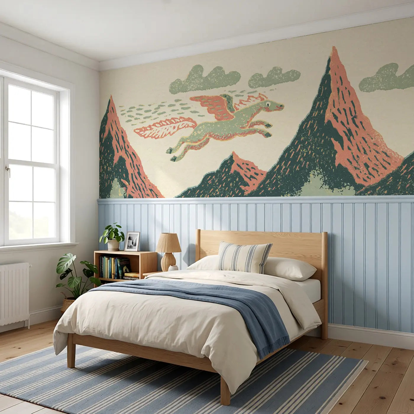 Carved Pegasus Mountain Leap Wainscoting Wallpaper styled in a kids bedroom by Whimsy Tots