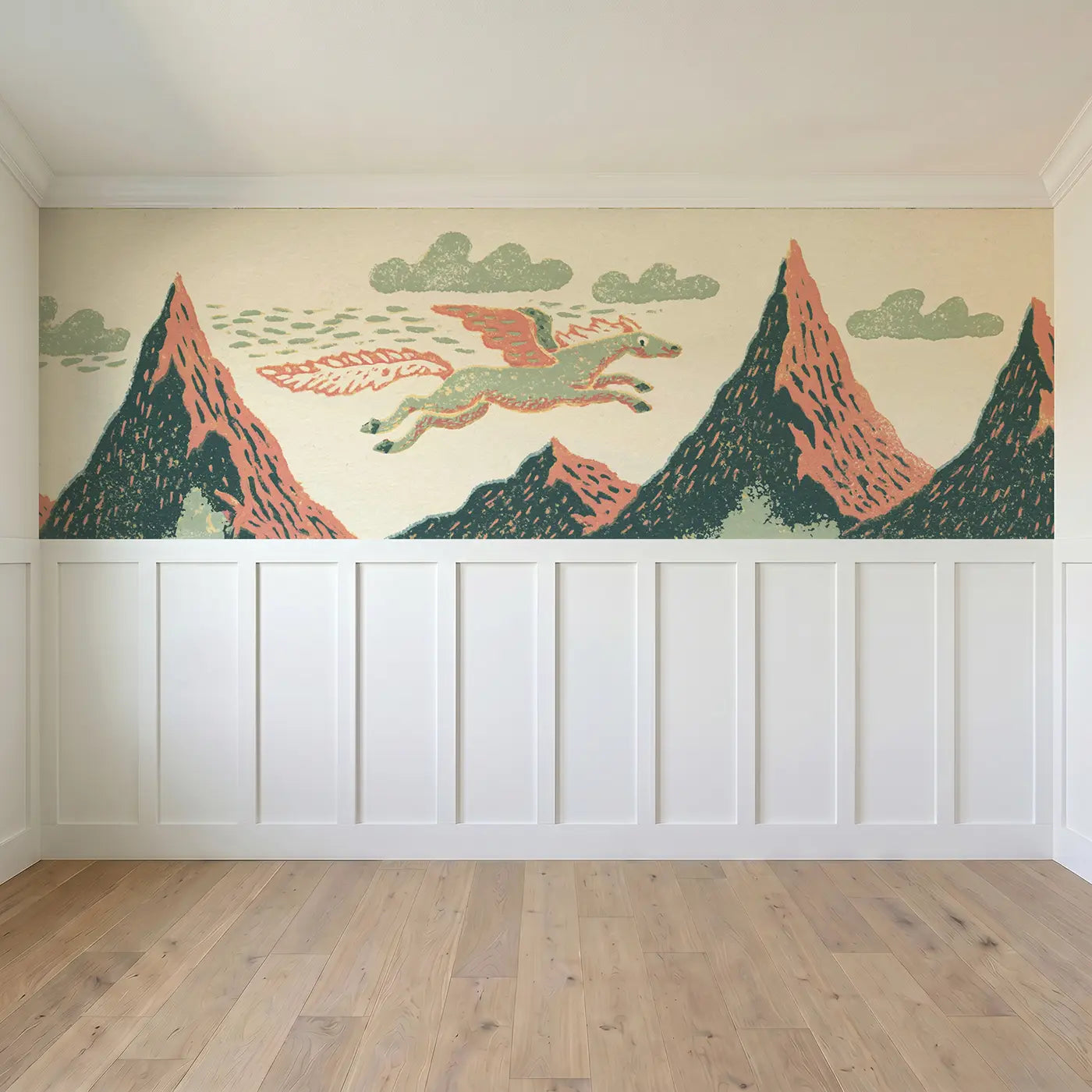 Full panel view of Carved Pegasus Mountain Leap Wainscoting Wallpaper by Whimsy Tots