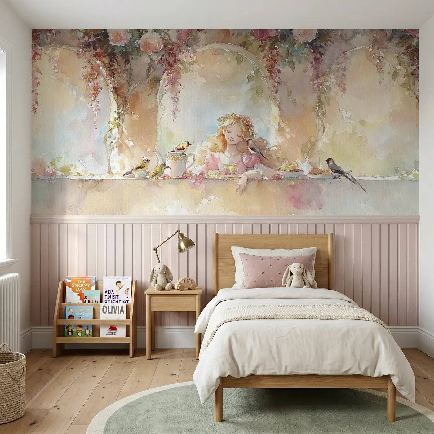 Watercolor princess morning garden breakfast wainscoting wallpaper for bedroom by Whimsy Tots