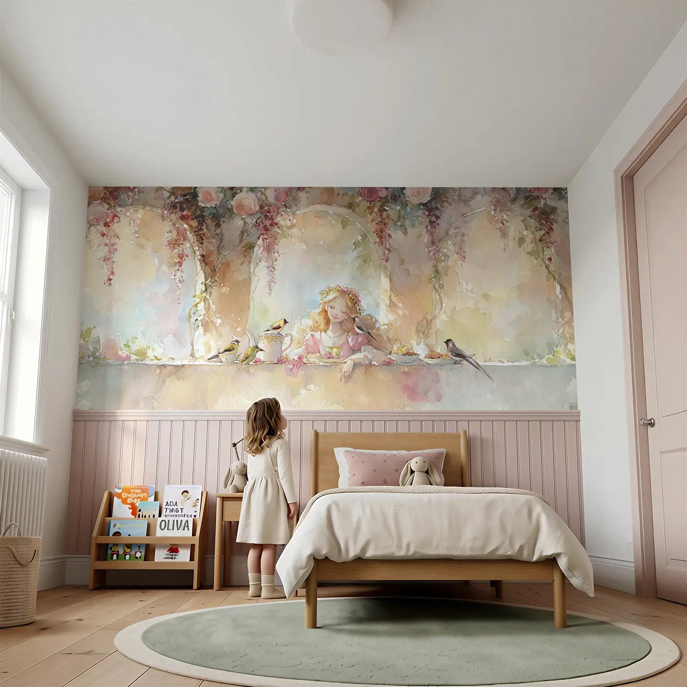 Child reading near Princess Morning Garden Breakfast Wainscoting Wallpaper by Whimsy Tots