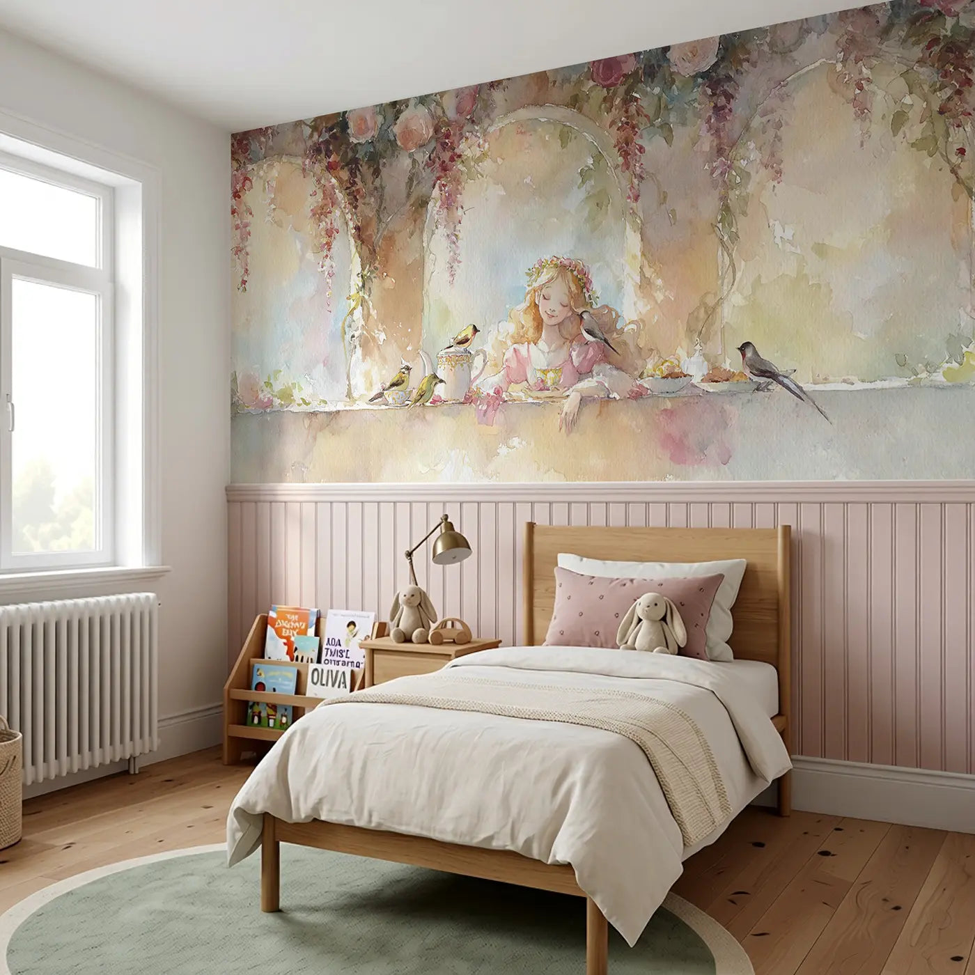 Princess Morning Garden Breakfast Wainscoting Wallpaper styled in a kids bedroom by Whimsy Tots