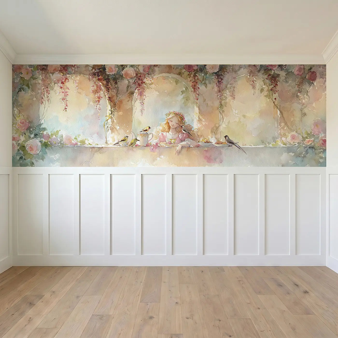 Full panel view of Princess Morning Garden Breakfast Wainscoting Wallpaper by Whimsy Tots