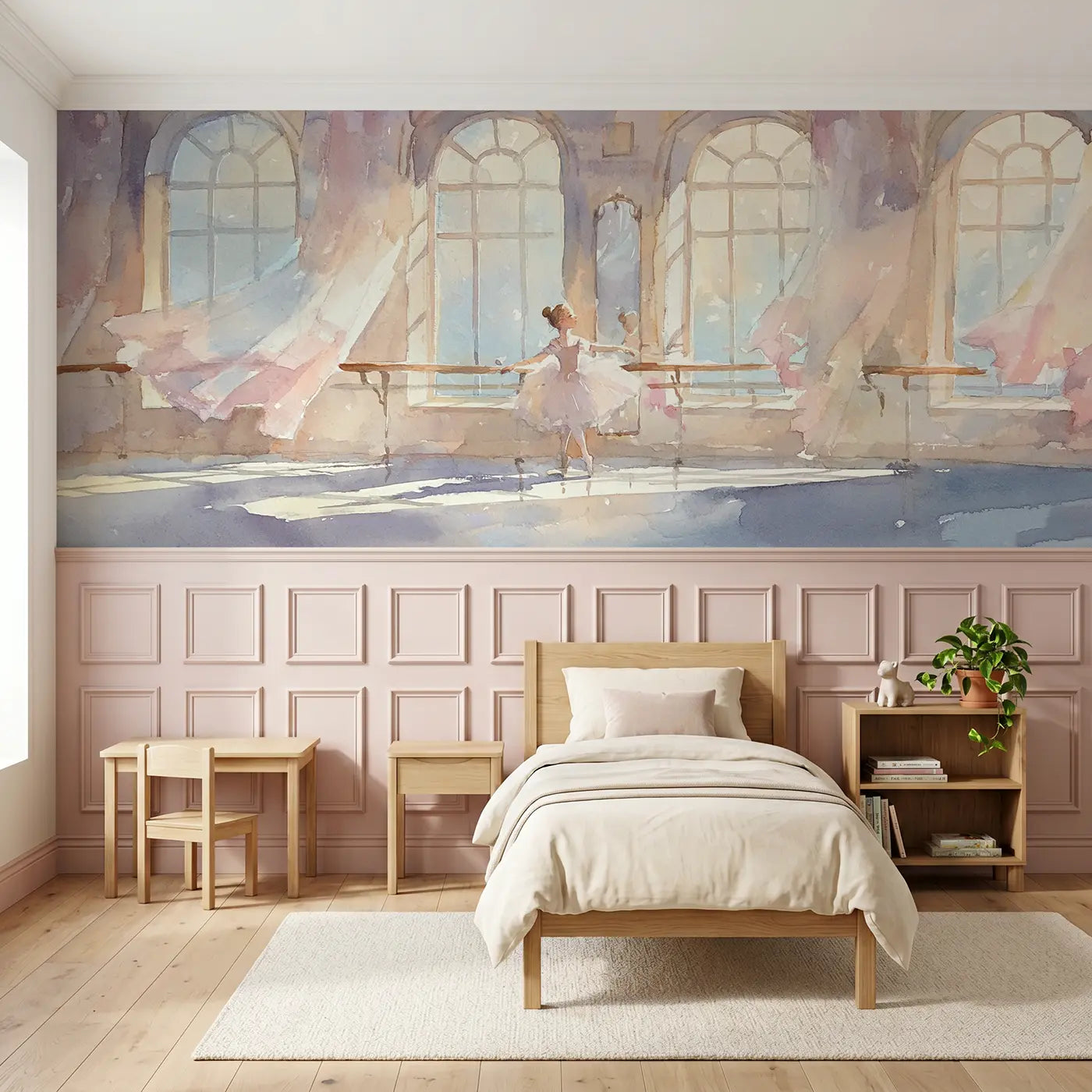 Watercolor princess ballet rehearsal studio wainscoting wallpaper for bedroom by Whimsy Tots