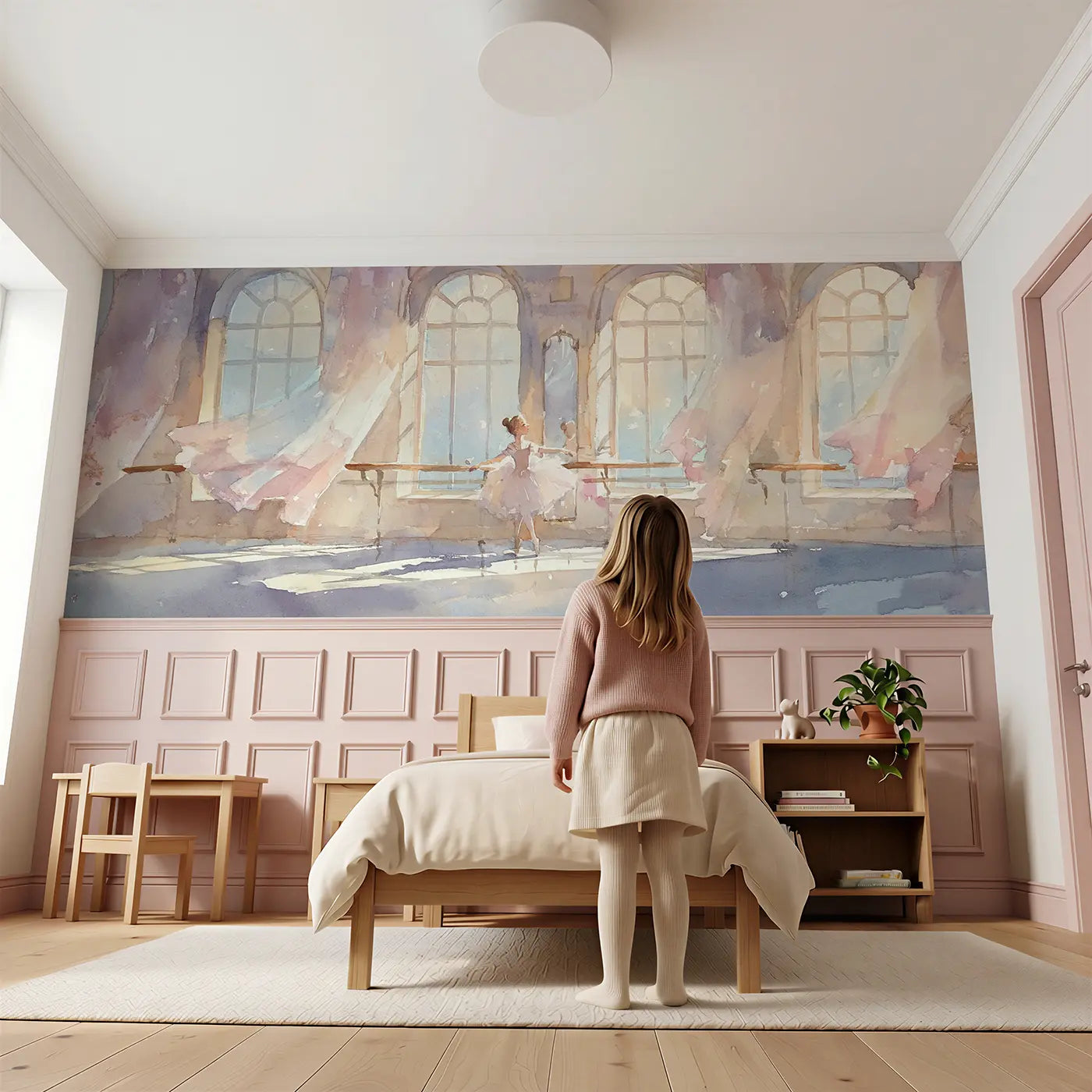 Child reading near Princess Ballet Rehearsal Studio Wainscoting Wallpaper by Whimsy Tots