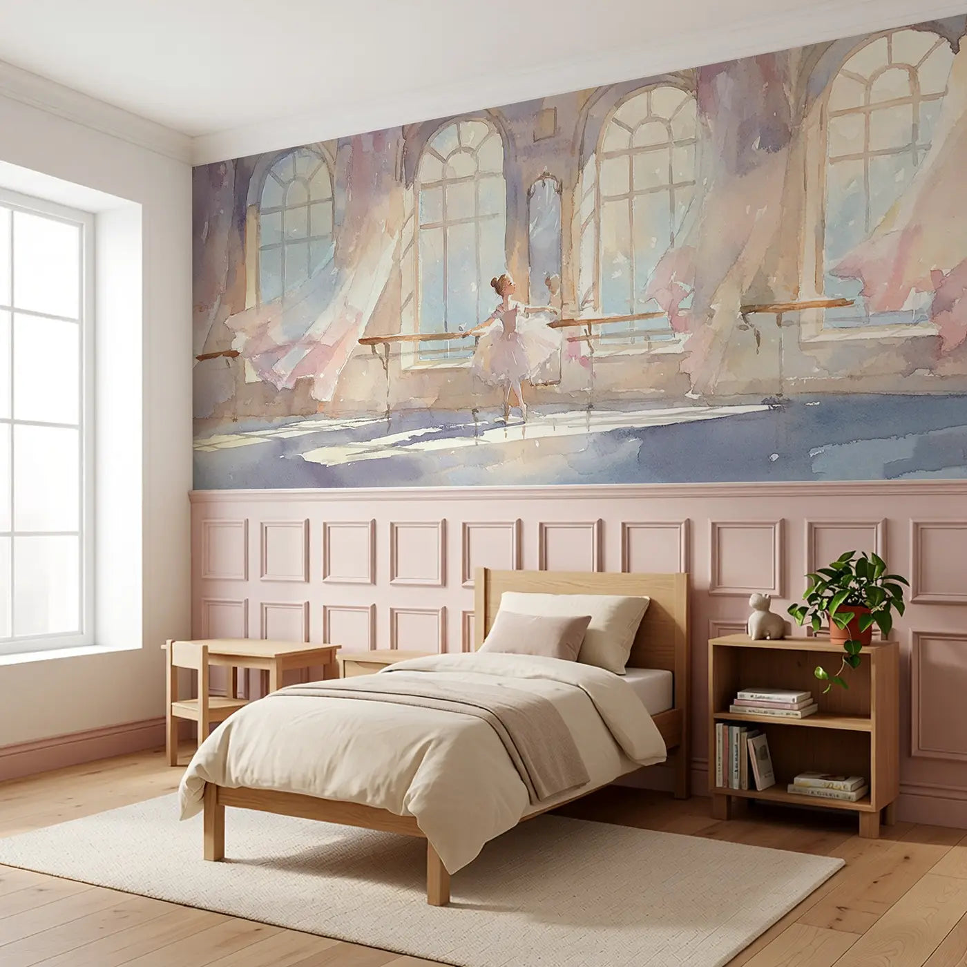 Princess Ballet Rehearsal Studio Wainscoting Wallpaper styled in a kids bedroom by Whimsy Tots