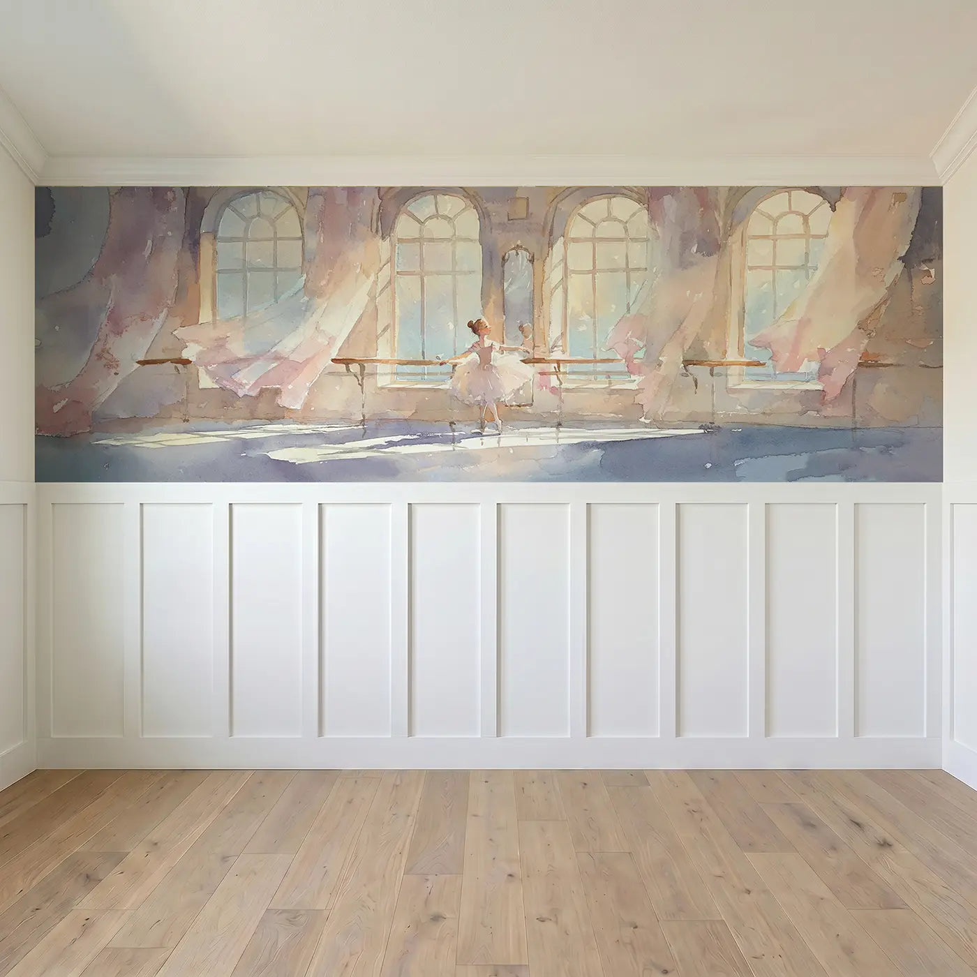 Full panel view of Princess Ballet Rehearsal Studio Wainscoting Wallpaper by Whimsy Tots