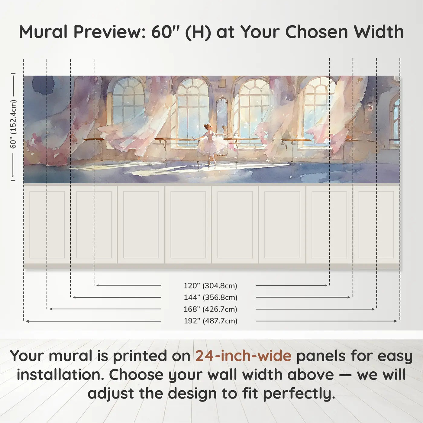 Panel dimensions for Princess Ballet Rehearsal Studio Wainscoting Wallpaper by Whimsy Tots