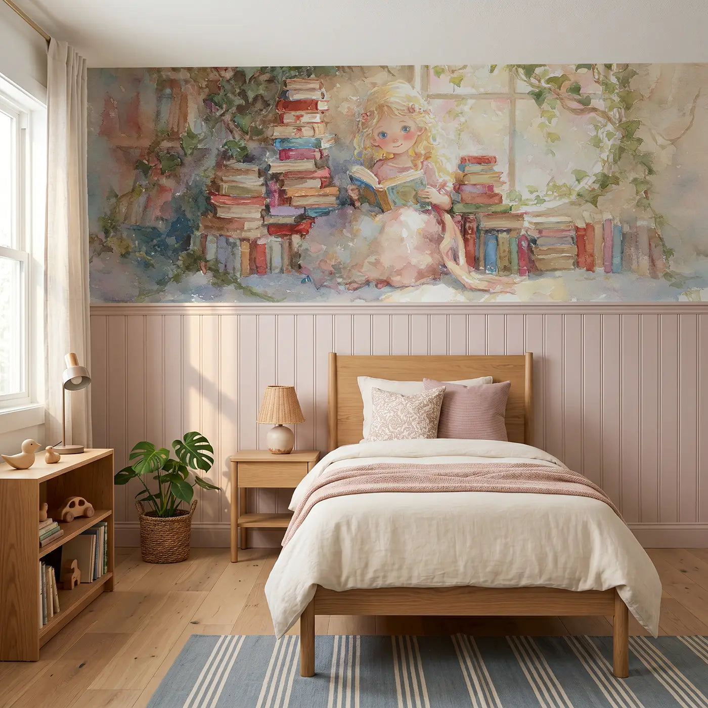 Watercolor princess secret library room wainscoting wallpaper for bedroom by Whimsy Tots