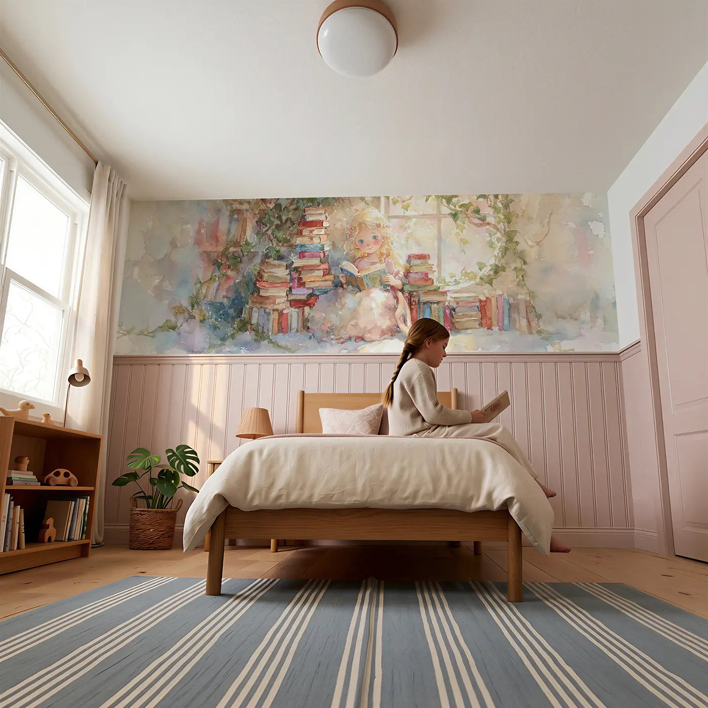 Child reading near Princess Secret Library Room Wainscoting Wallpaper by Whimsy Tots