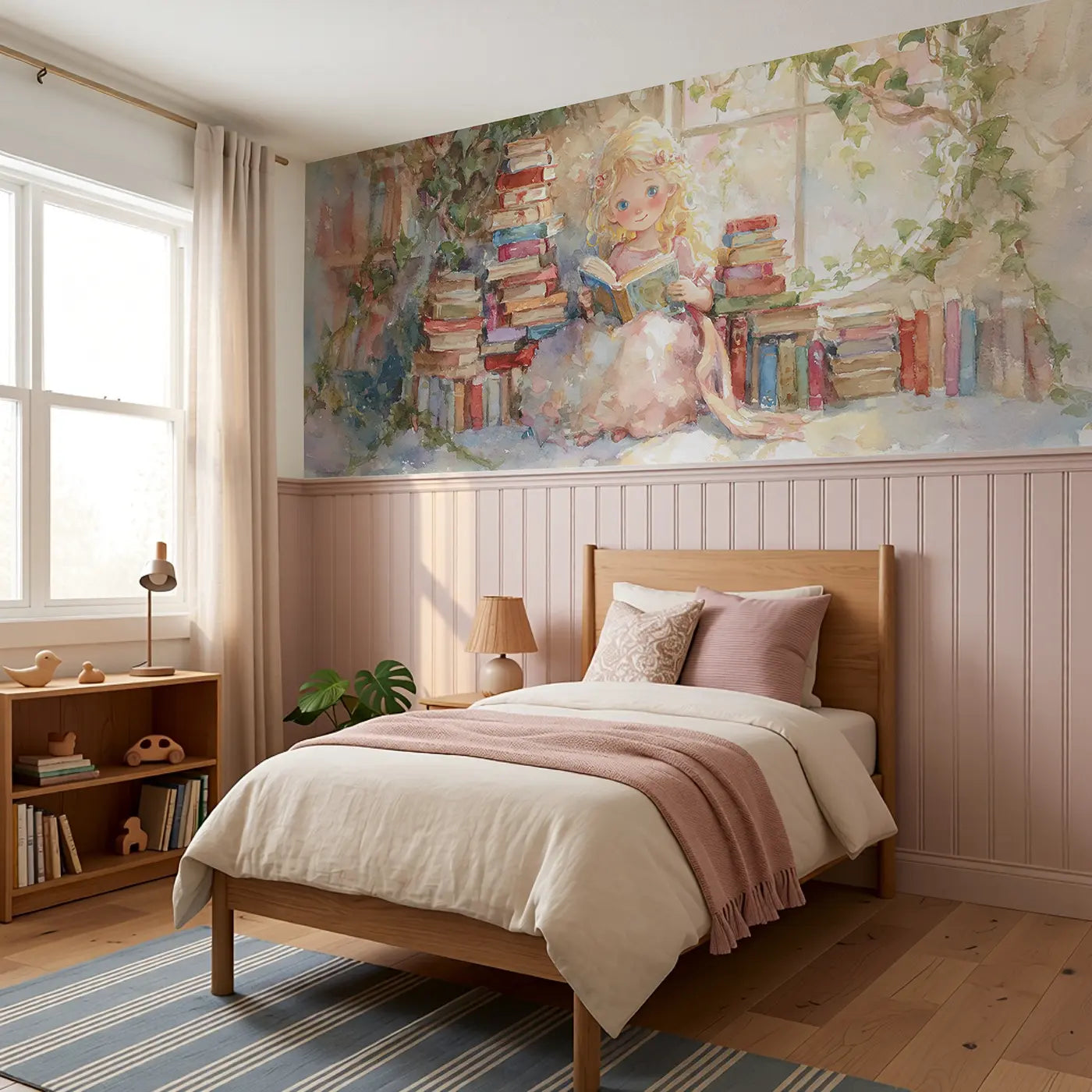 Princess Secret Library Room Wainscoting Wallpaper styled in a kids bedroom by Whimsy Tots