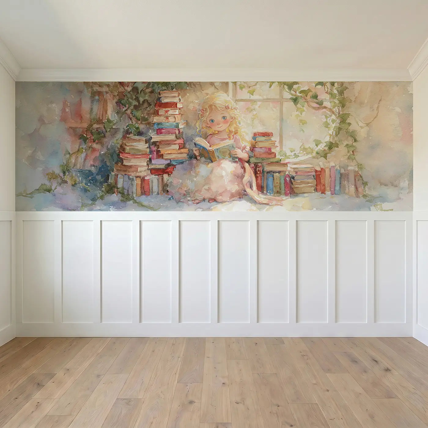 Full panel view of Princess Secret Library Room Wainscoting Wallpaper by Whimsy Tots