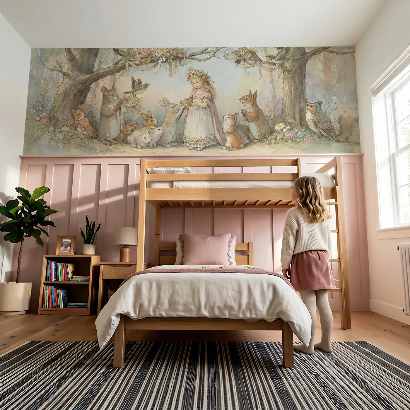 Child reading near Princess Coronation Day Woodland Wainscoting Wallpaper by Whimsy Tots
