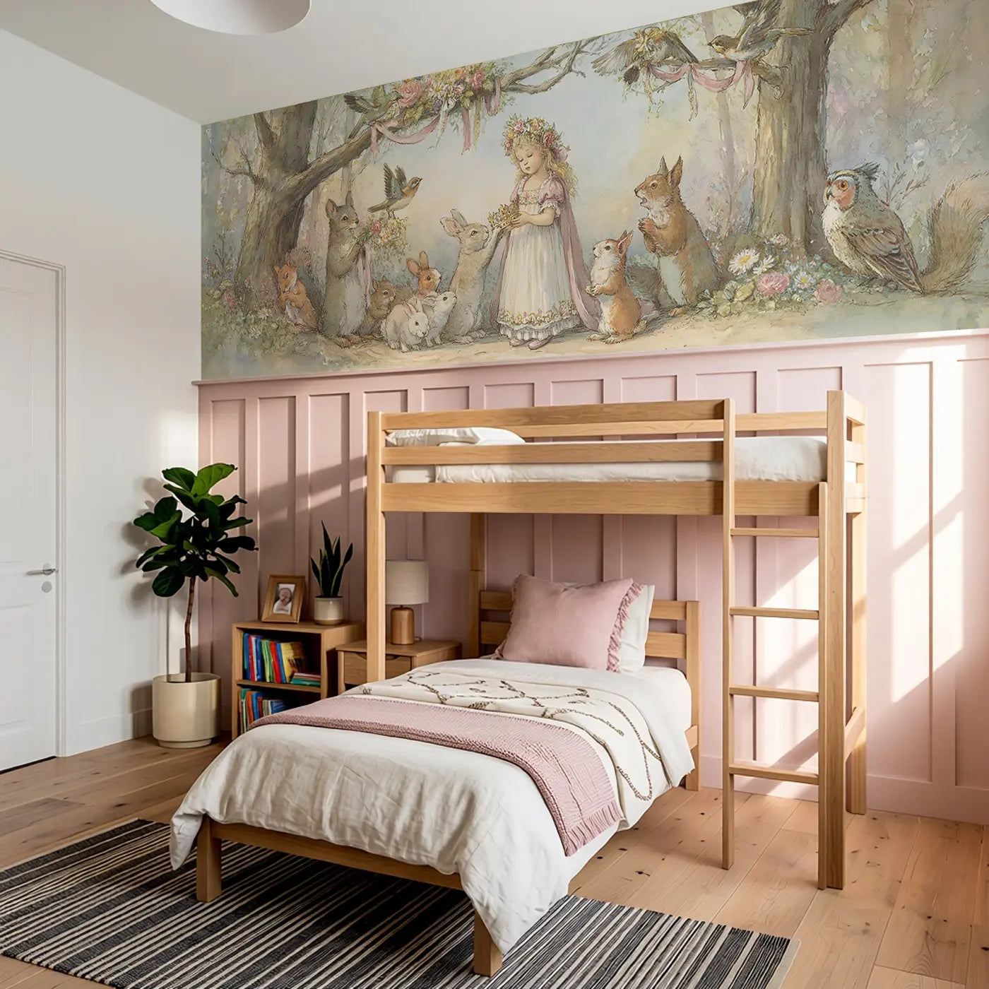 Princess Coronation Day Woodland Wainscoting Wallpaper styled in a kids bedroom by Whimsy Tots