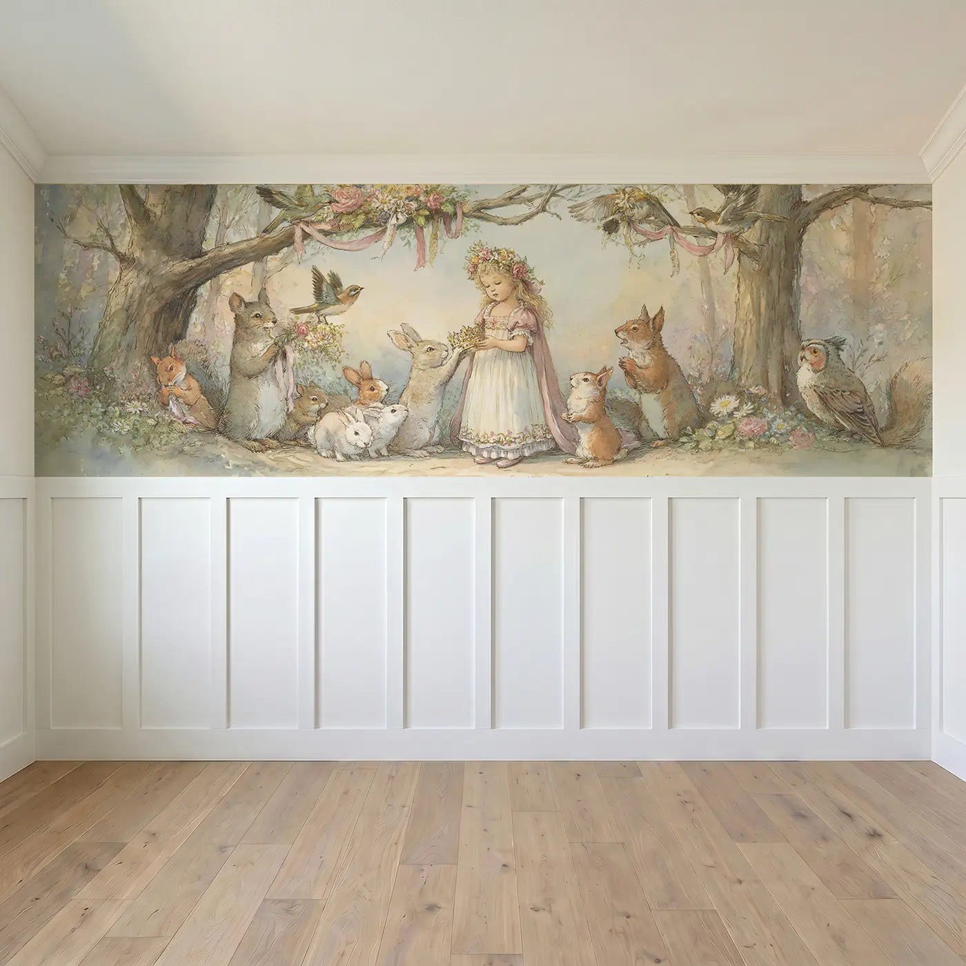 Full panel view of Princess Coronation Day Woodland Wainscoting Wallpaper by Whimsy Tots