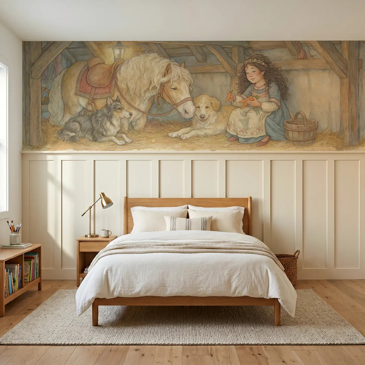 Storybook princess pony stable carrot wainscoting wallpaper for bedroom by Whimsy Tots