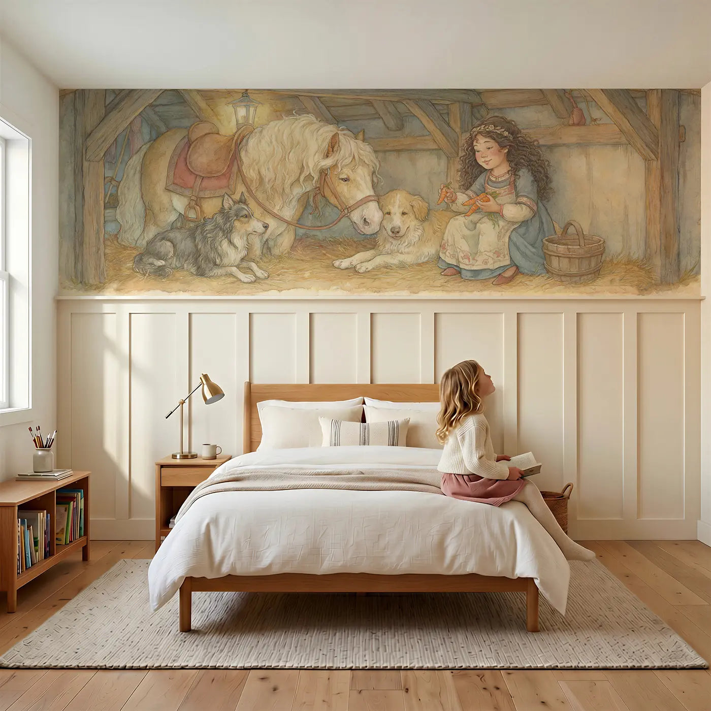 Child reading near Princess Pony Stable Carrot Wainscoting Wallpaper by Whimsy Tots