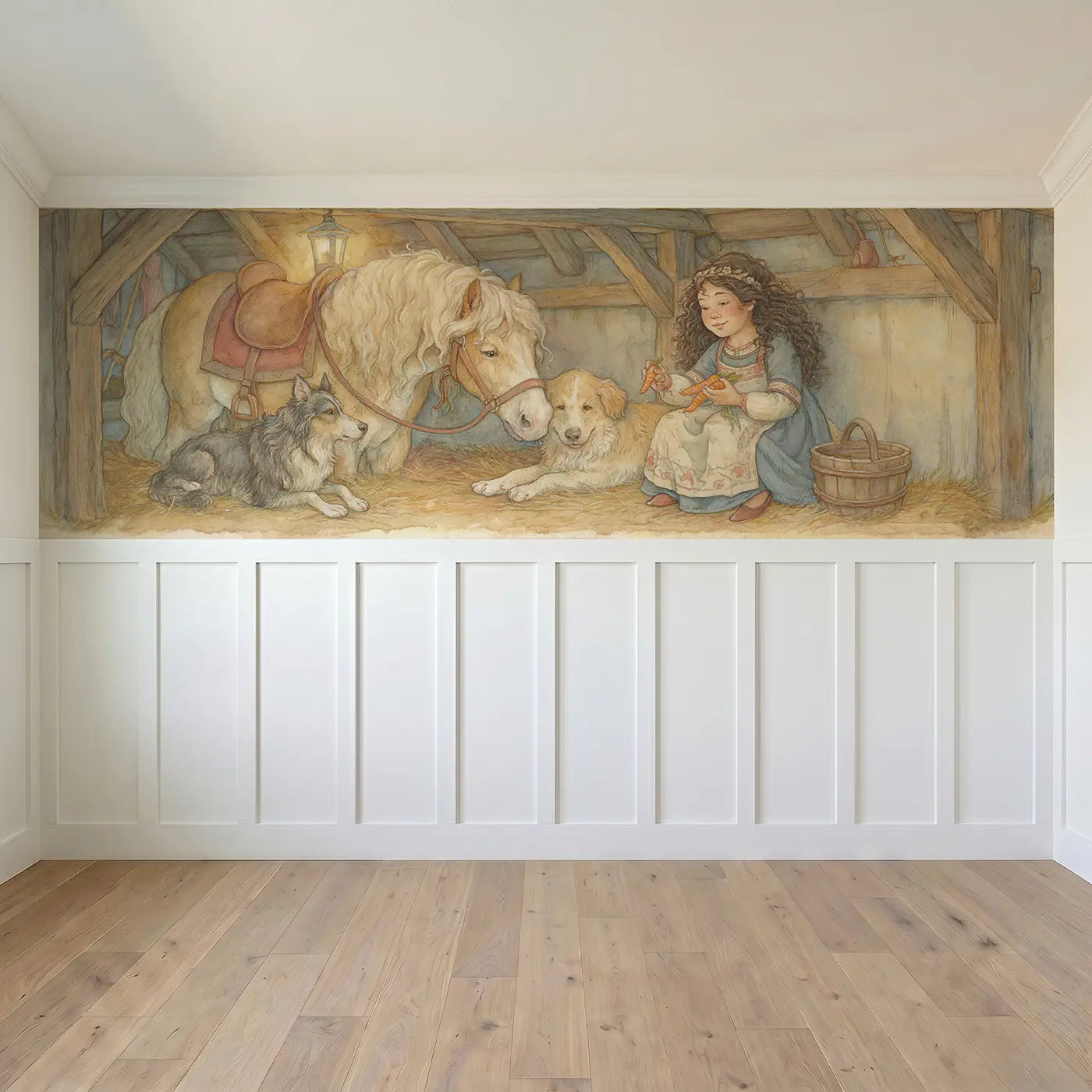 Full panel view of Princess Pony Stable Carrot Wainscoting Wallpaper by Whimsy Tots