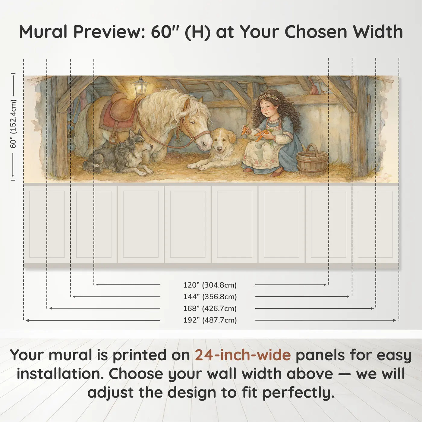 Panel dimensions for Princess Pony Stable Carrot Wainscoting Wallpaper by Whimsy Tots