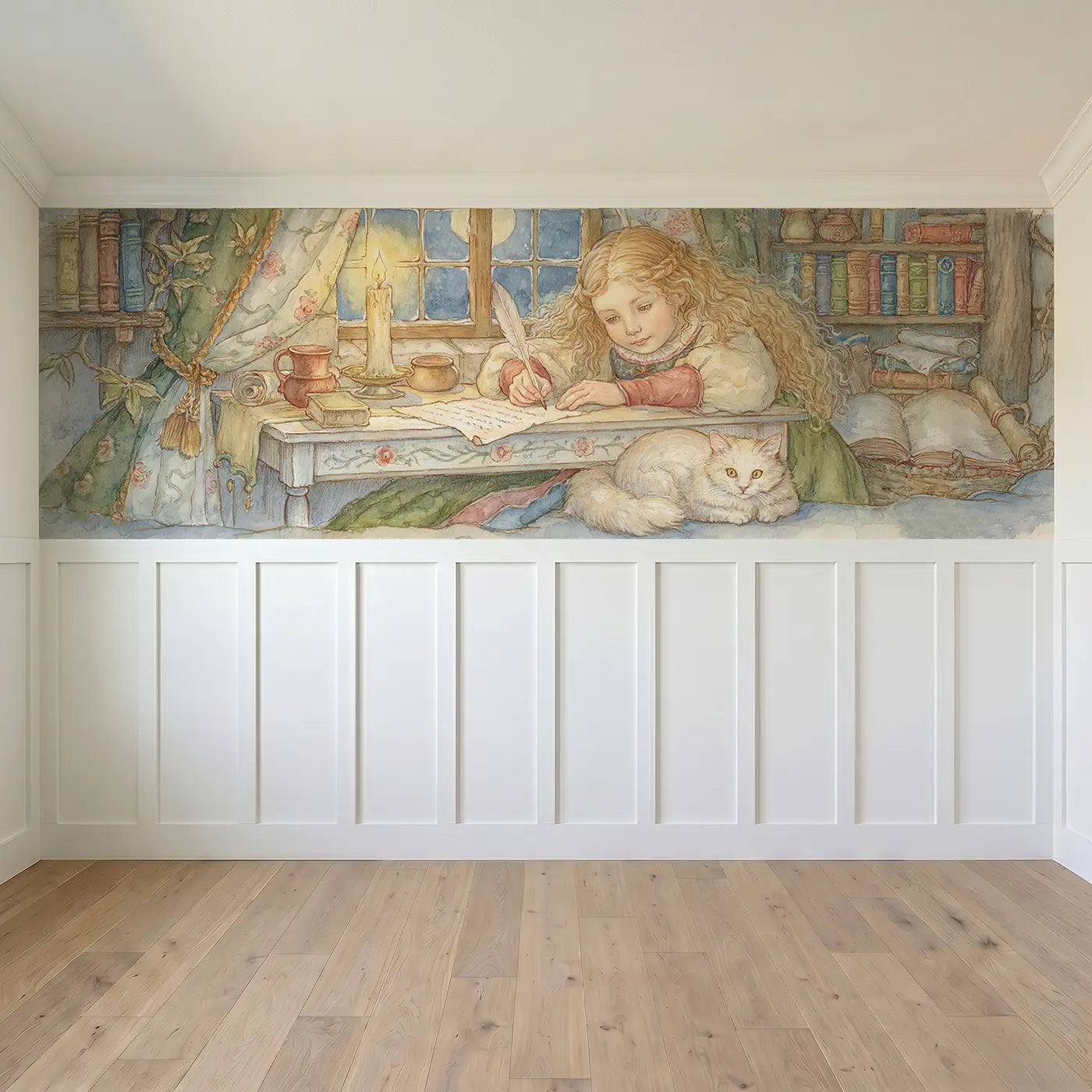 Full panel view of Princess Letter Writing Desk Wainscoting Wallpaper by Whimsy Tots