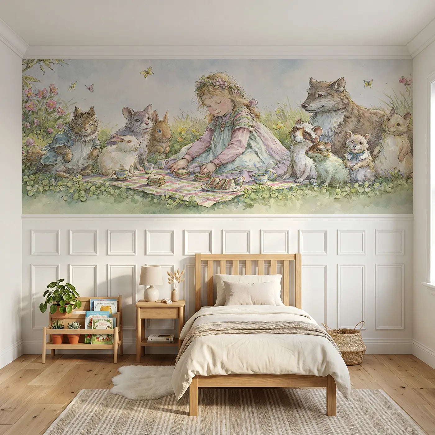 Storybook princess meadow picnic friends wainscoting wallpaper for bedroom by Whimsy Tots
