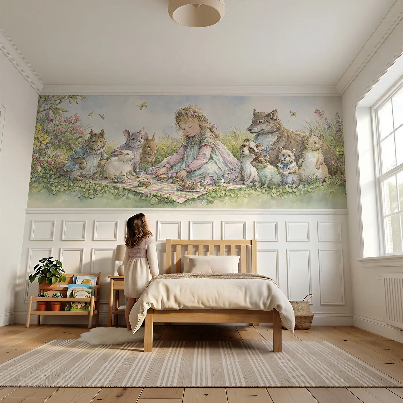 Child reading near Princess Meadow Picnic Friends Wainscoting Wallpaper by Whimsy Tots