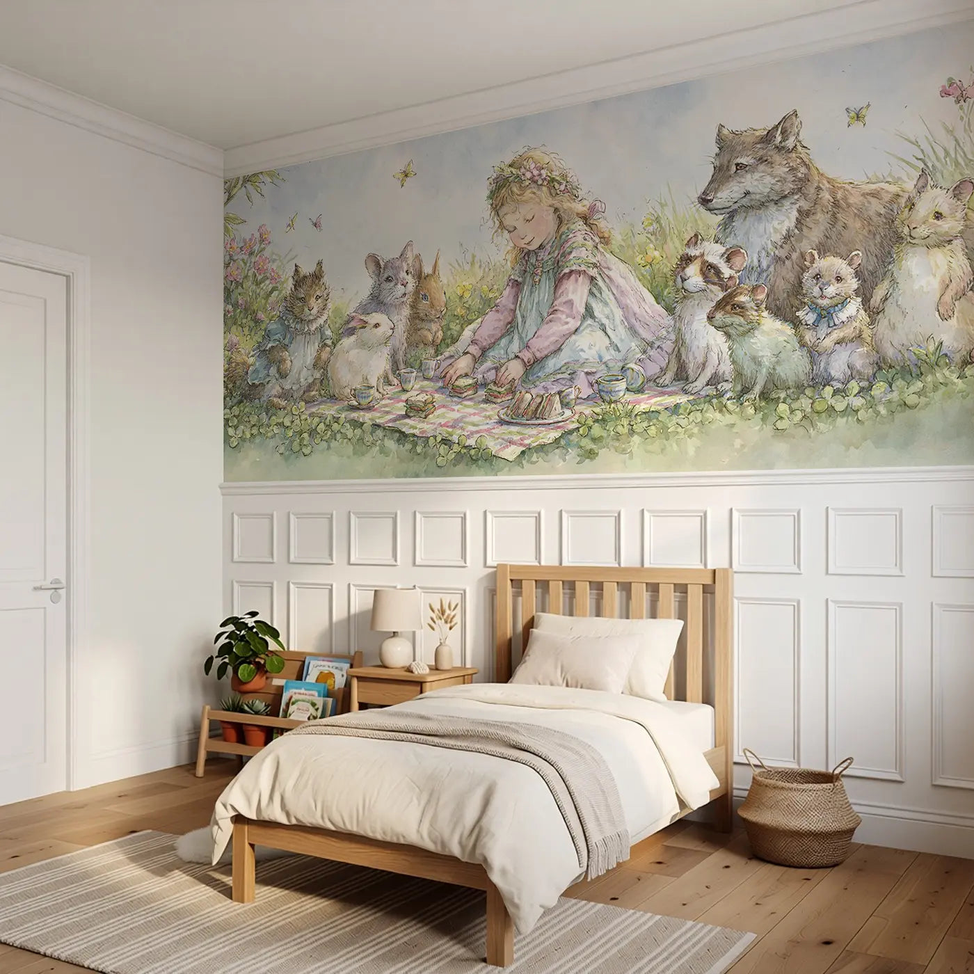 Princess Meadow Picnic Friends Wainscoting Wallpaper styled in a kids bedroom by Whimsy Tots