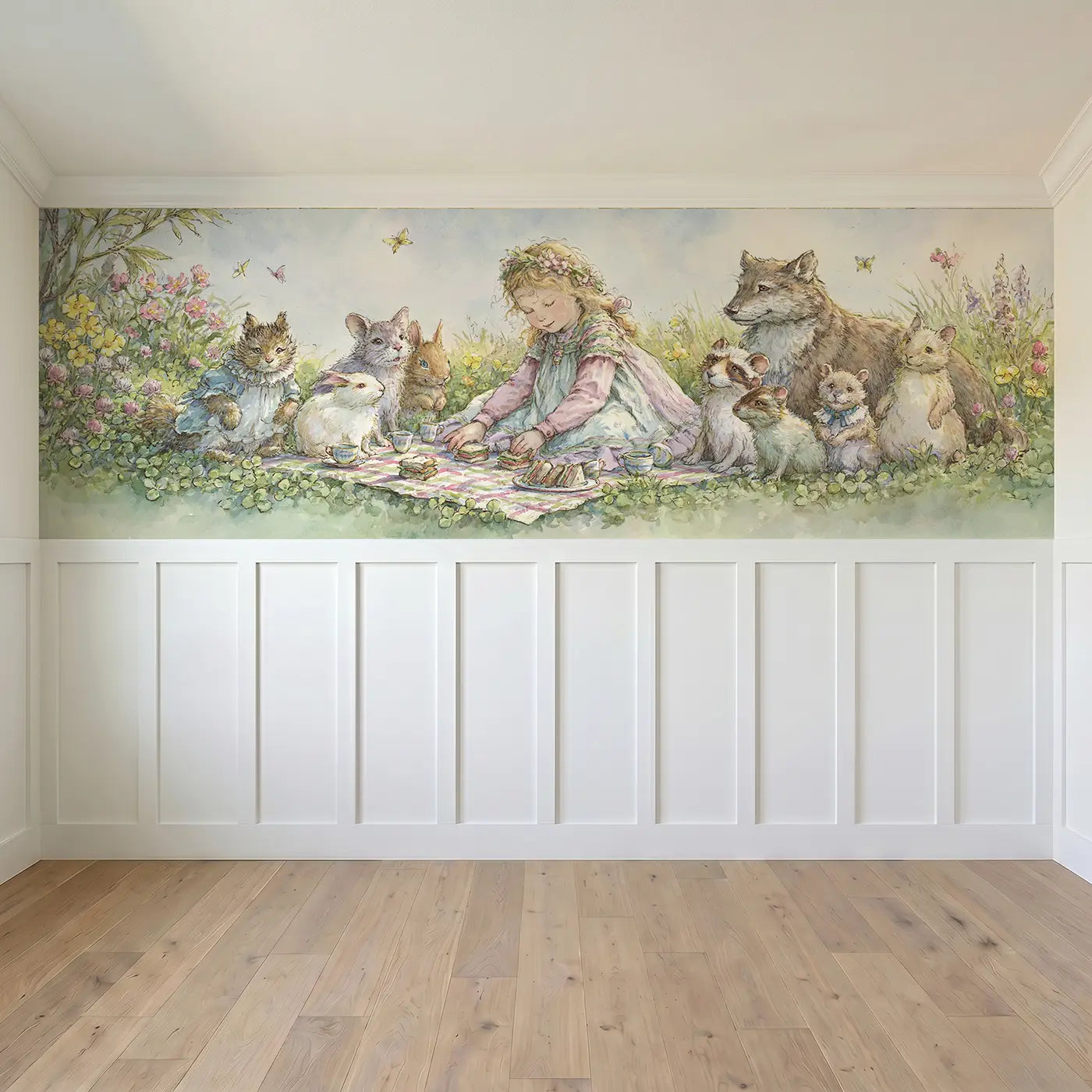 Full panel view of Princess Meadow Picnic Friends Wainscoting Wallpaper by Whimsy Tots