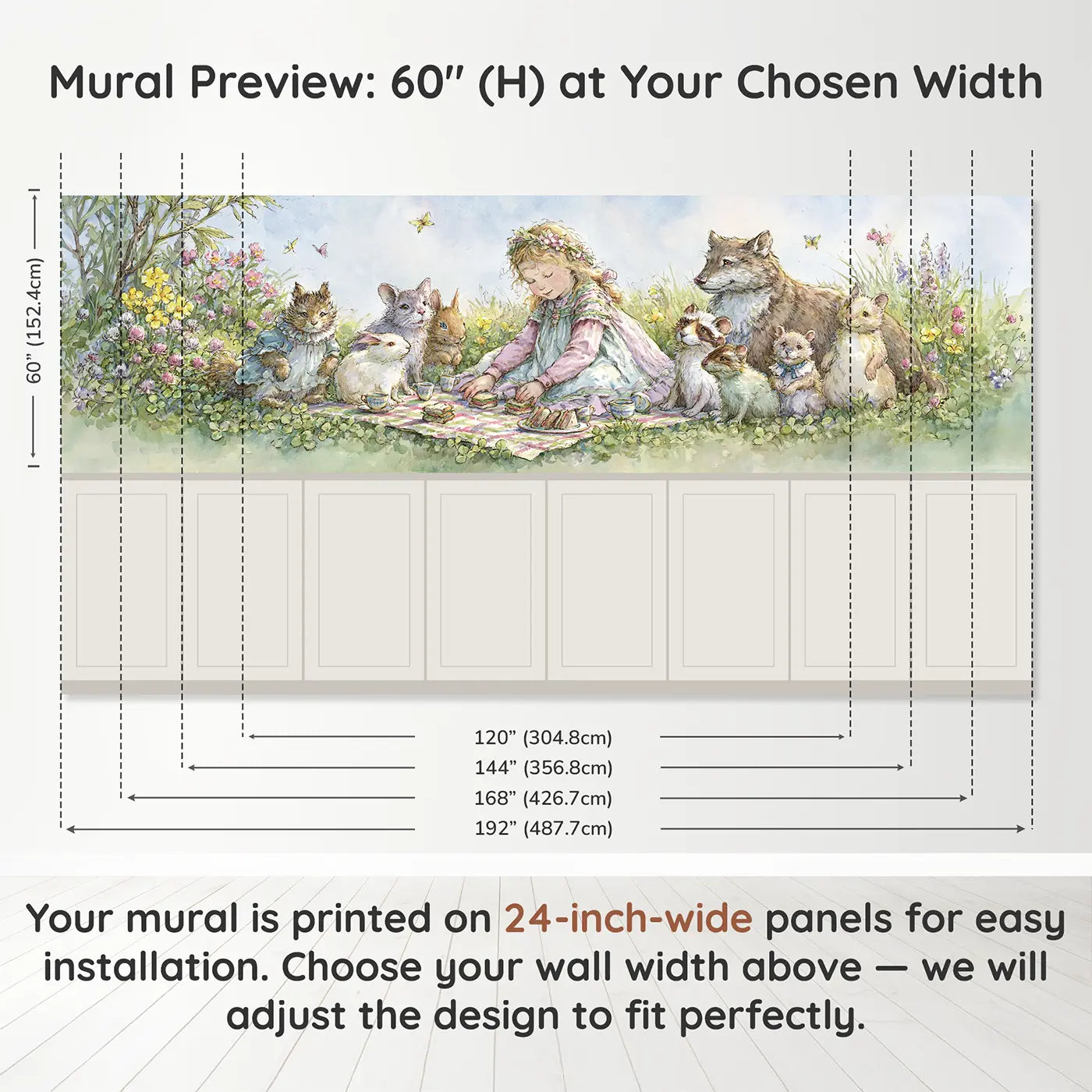 Panel dimensions for Princess Meadow Picnic Friends Wainscoting Wallpaper by Whimsy Tots