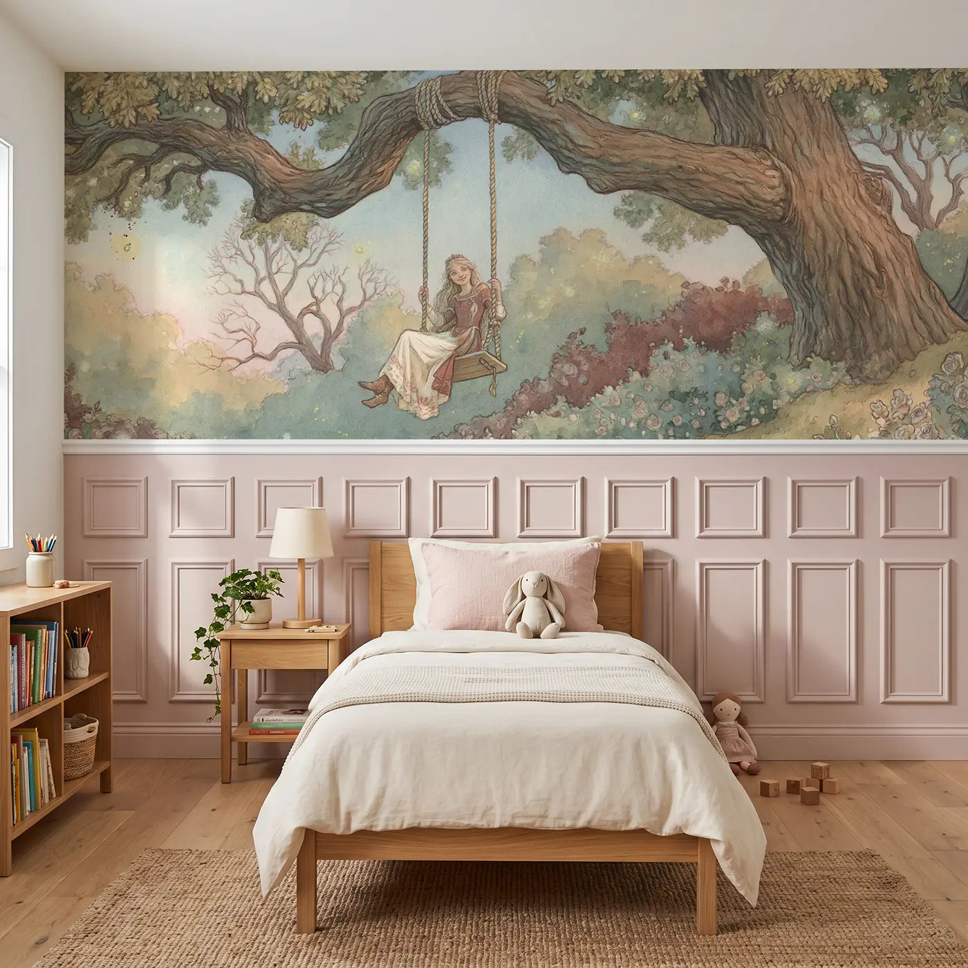 Storybook princess garden swing evening wainscoting wallpaper for bedroom by Whimsy Tots