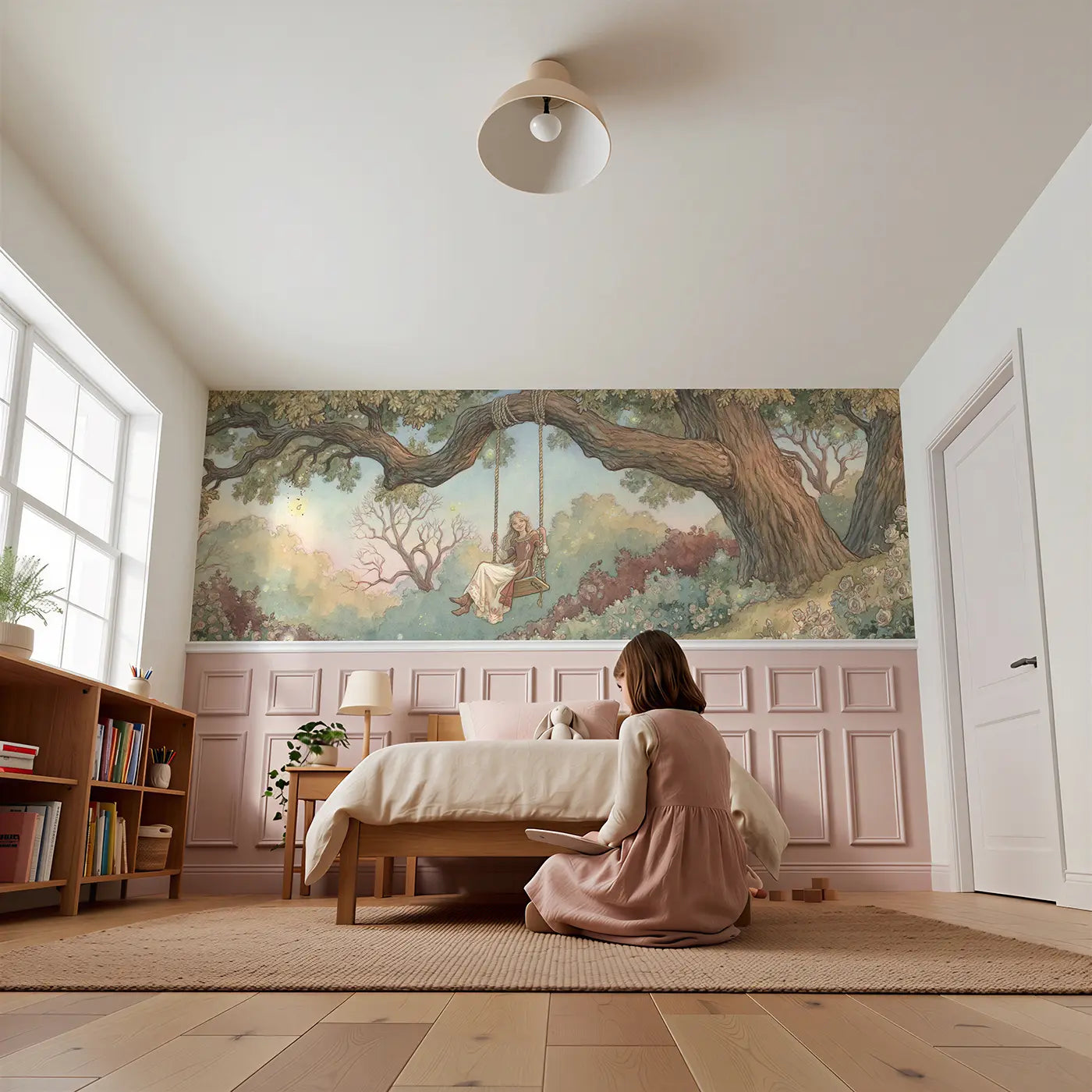Child reading near Princess Garden Swing Evening Wainscoting Wallpaper by Whimsy Tots