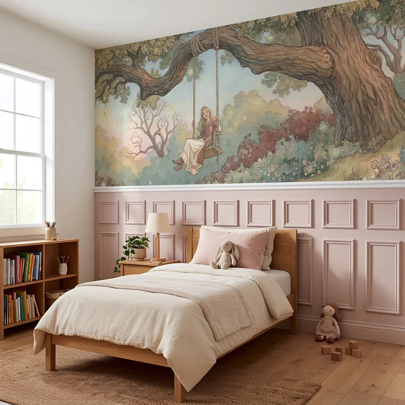 Princess Garden Swing Evening Wainscoting Wallpaper styled in a kids bedroom by Whimsy Tots