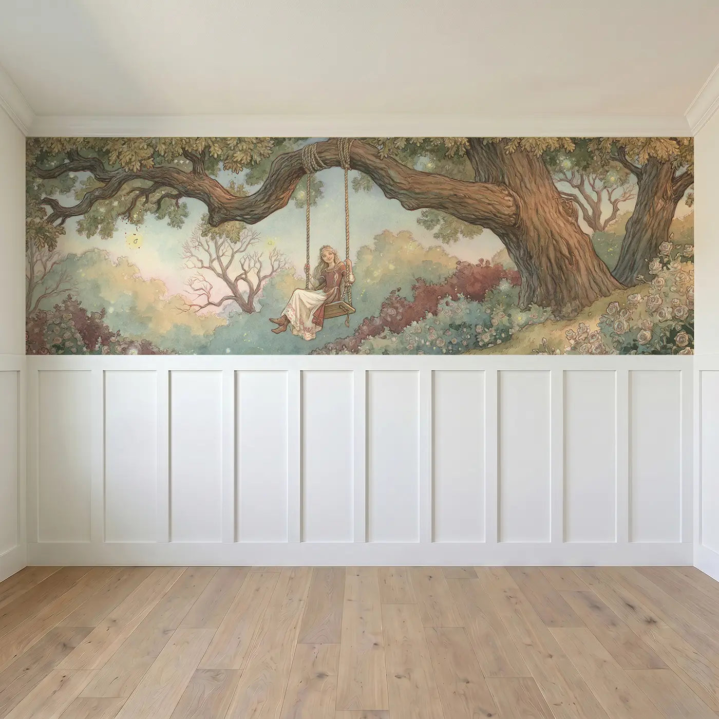Full panel view of Princess Garden Swing Evening Wainscoting Wallpaper by Whimsy Tots