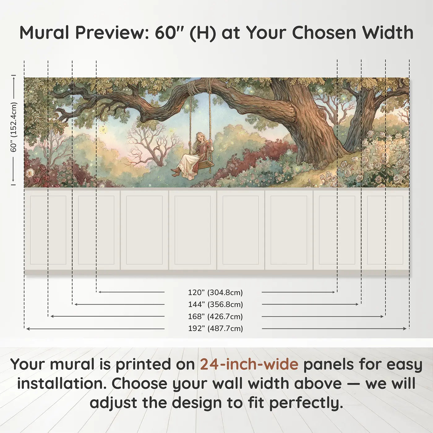 Panel dimensions for Princess Garden Swing Evening Wainscoting Wallpaper by Whimsy Tots
