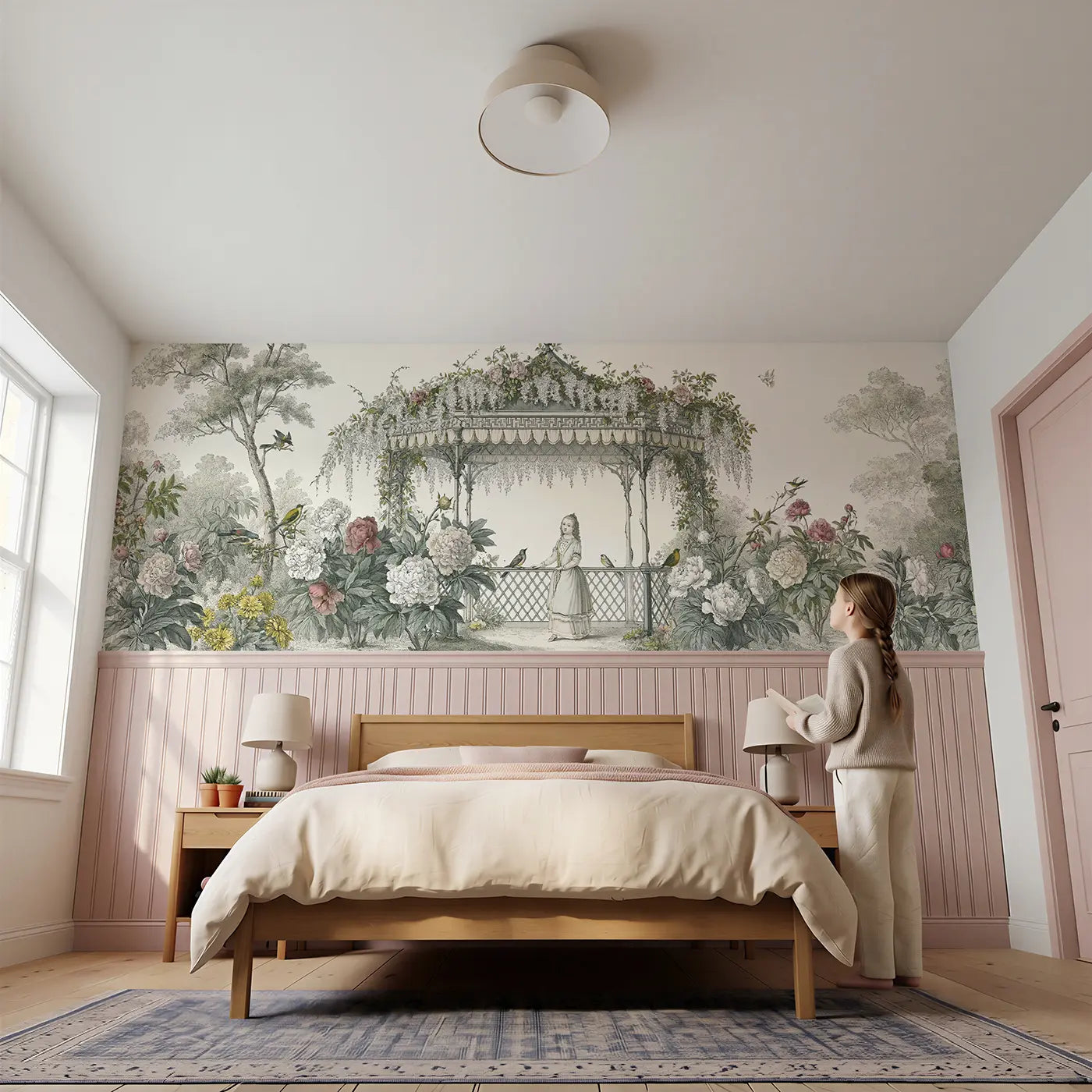 Child reading near Princess Pavilion Garden Toile Wainscoting Wallpaper by Whimsy Tots