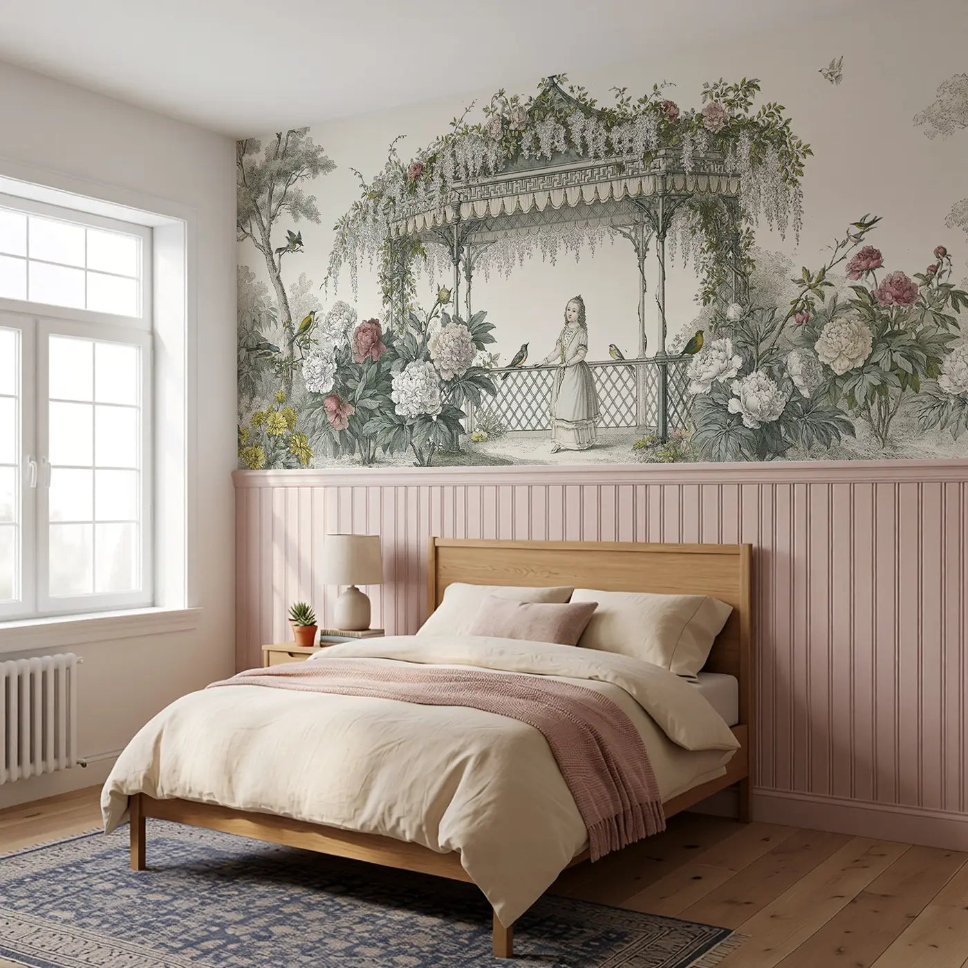 Princess Pavilion Garden Toile Wainscoting Wallpaper styled in a kids bedroom by Whimsy Tots