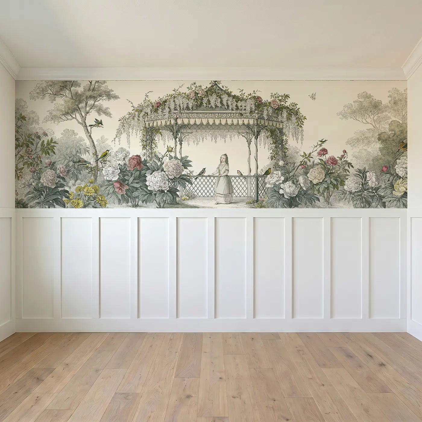Full panel view of Princess Pavilion Garden Toile Wainscoting Wallpaper by Whimsy Tots