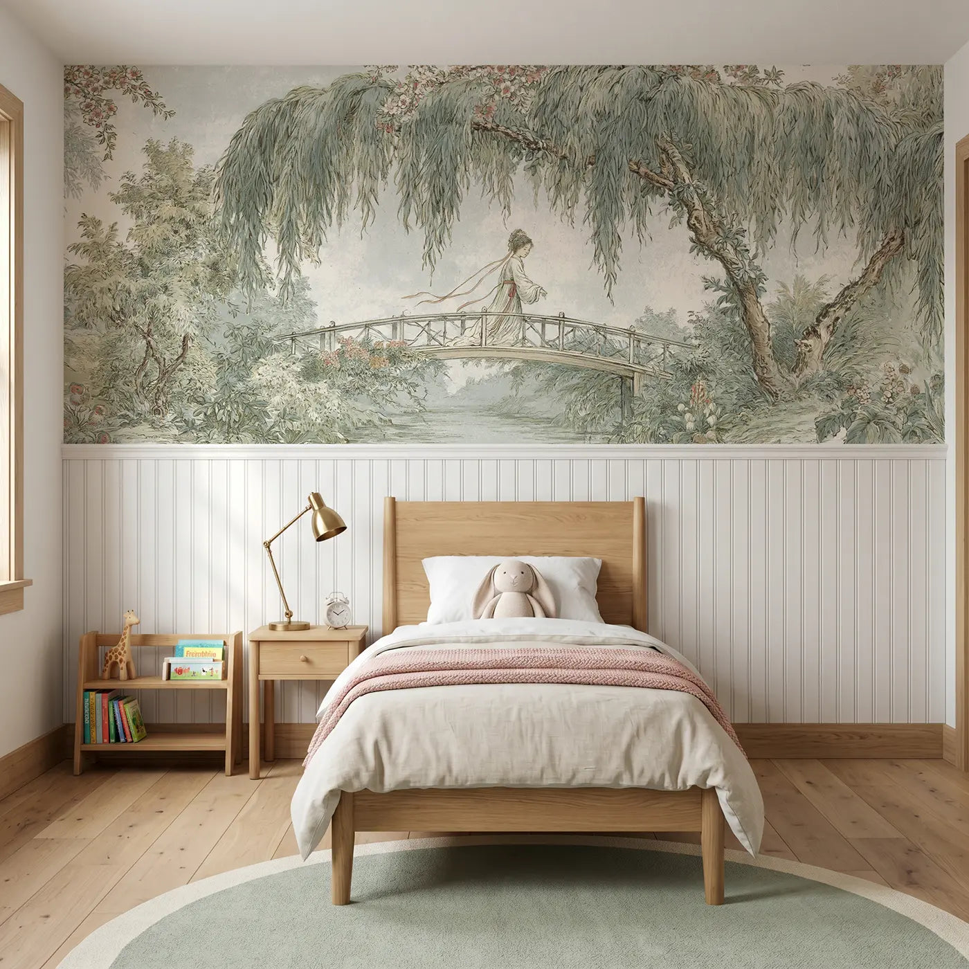 Botanical Elegance princess willow bridge toile wainscoting wallpaper for bedroom by Whimsy Tots